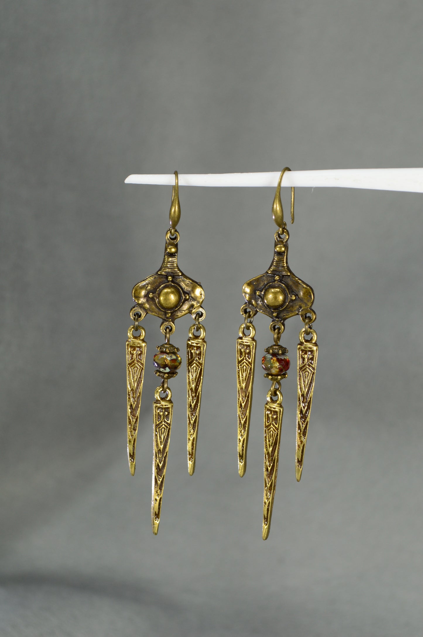 Boho Tribal Bronze Spike Earrings with Art Glass Beads – 8 cm / 3.2"