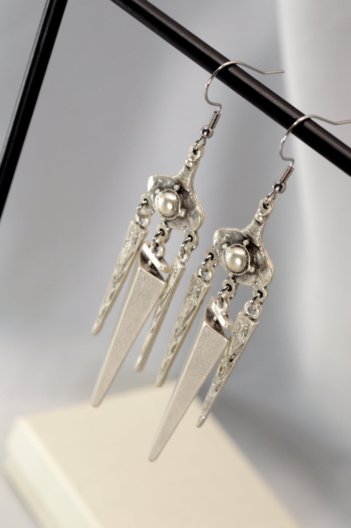 Boho Tribal Spike Dangle Earrings in Silver & Bronze 10cm - 4"