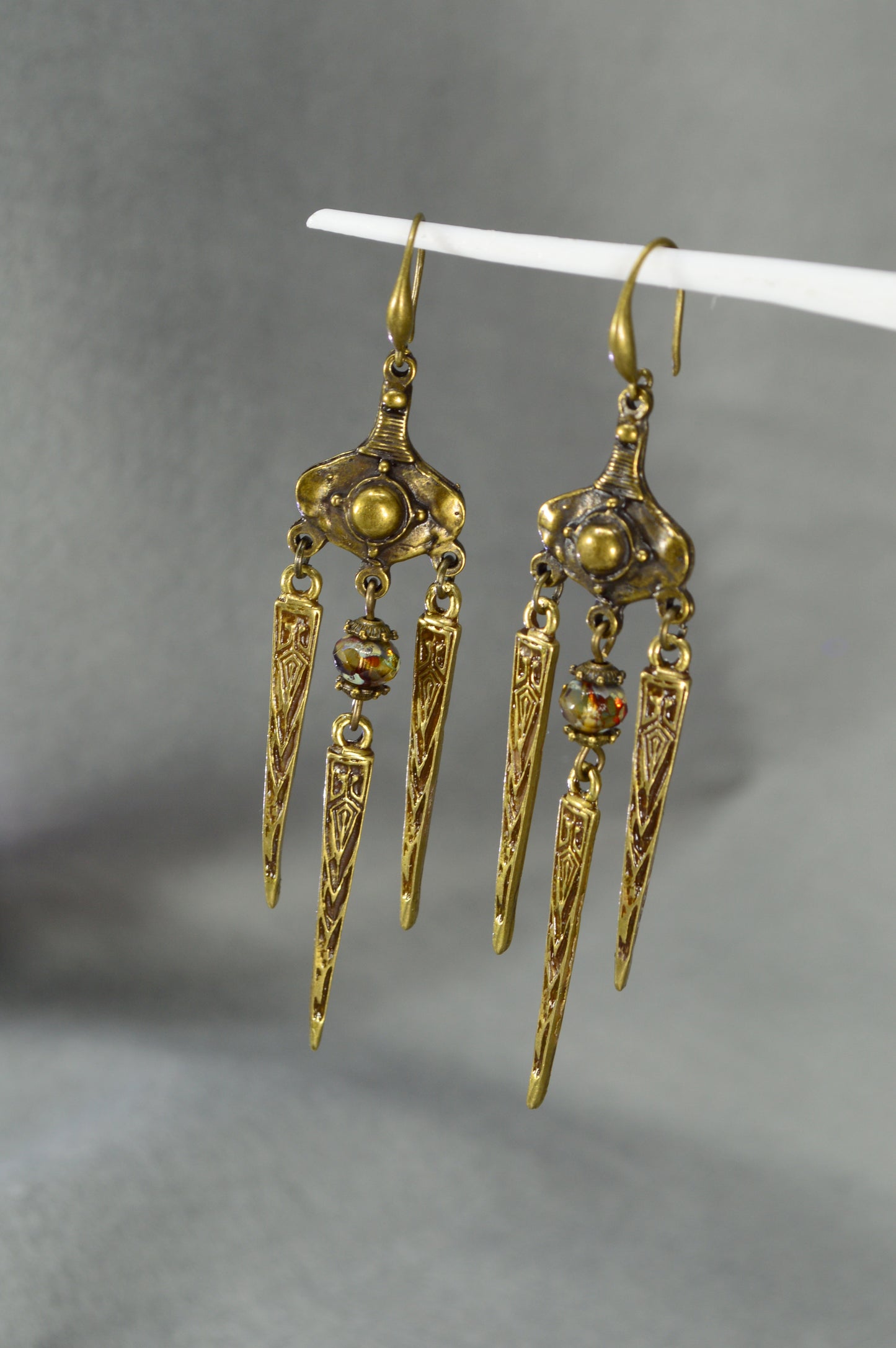 Boho Tribal Bronze Spike Earrings with Art Glass Beads – 8 cm / 3.2"