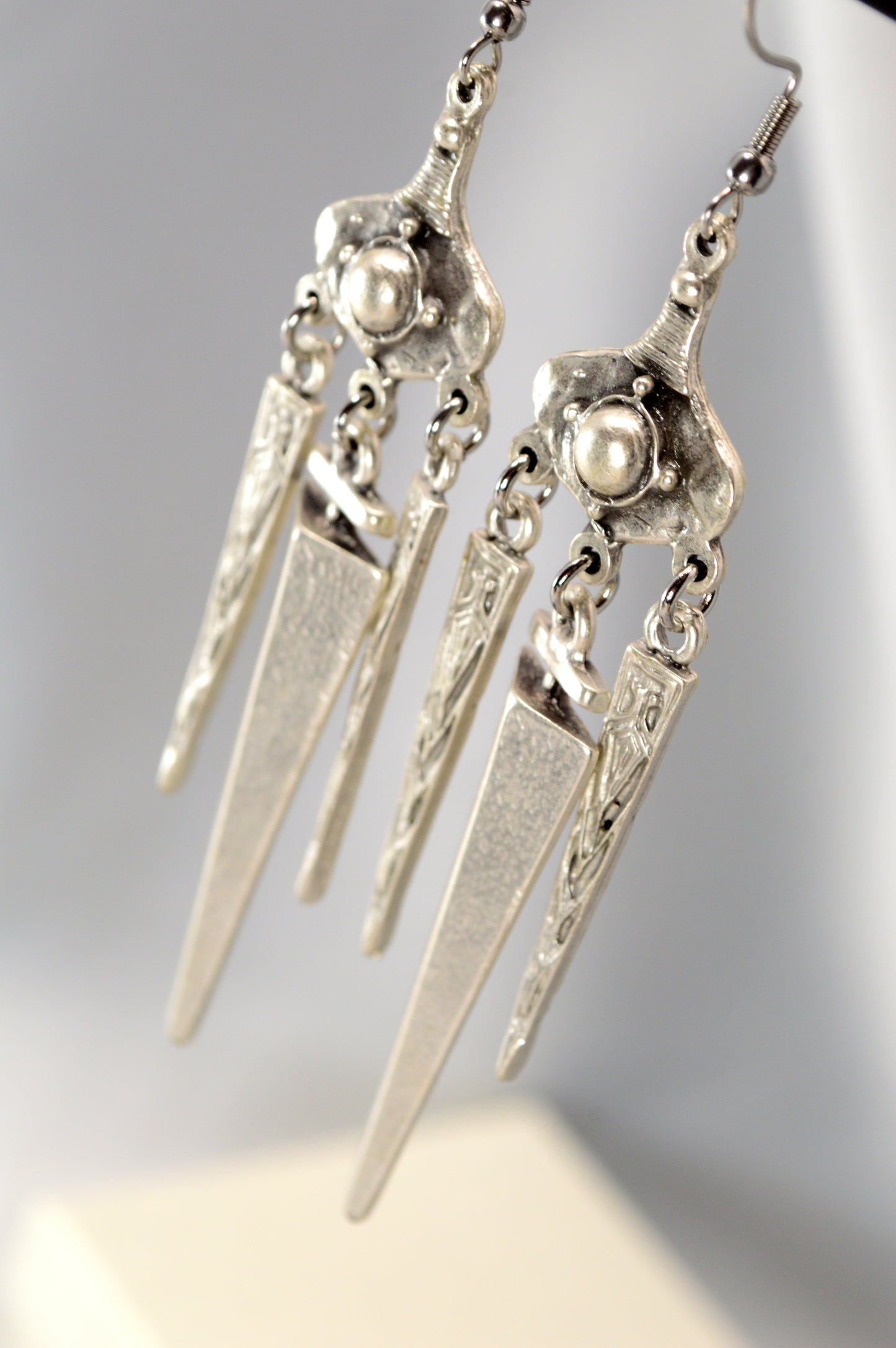Boho Tribal Spike Dangle Earrings in Silver & Bronze 10cm - 4"