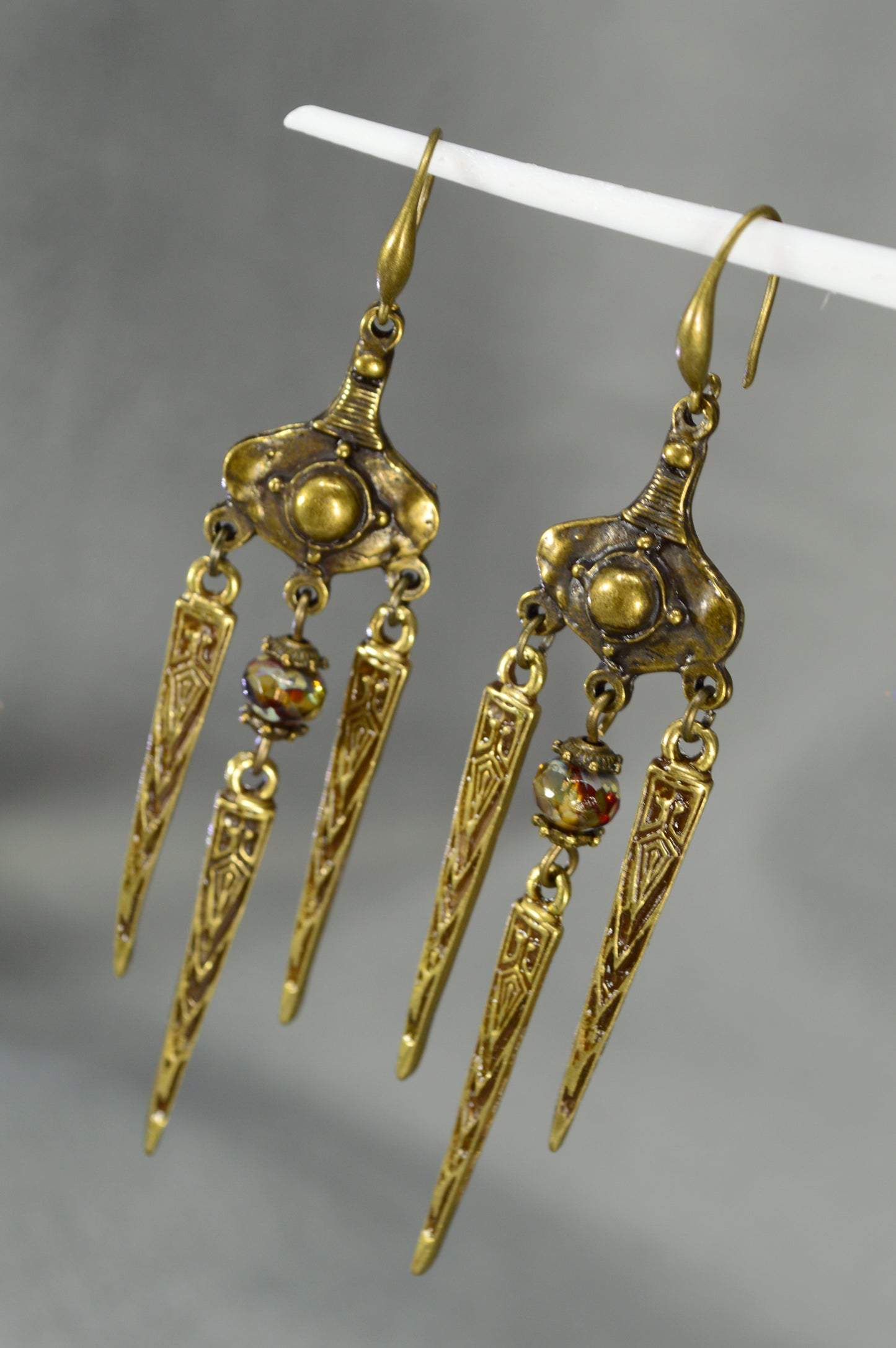 Boho Tribal Bronze Spike Earrings with Art Glass Beads – 8 cm / 3.2"