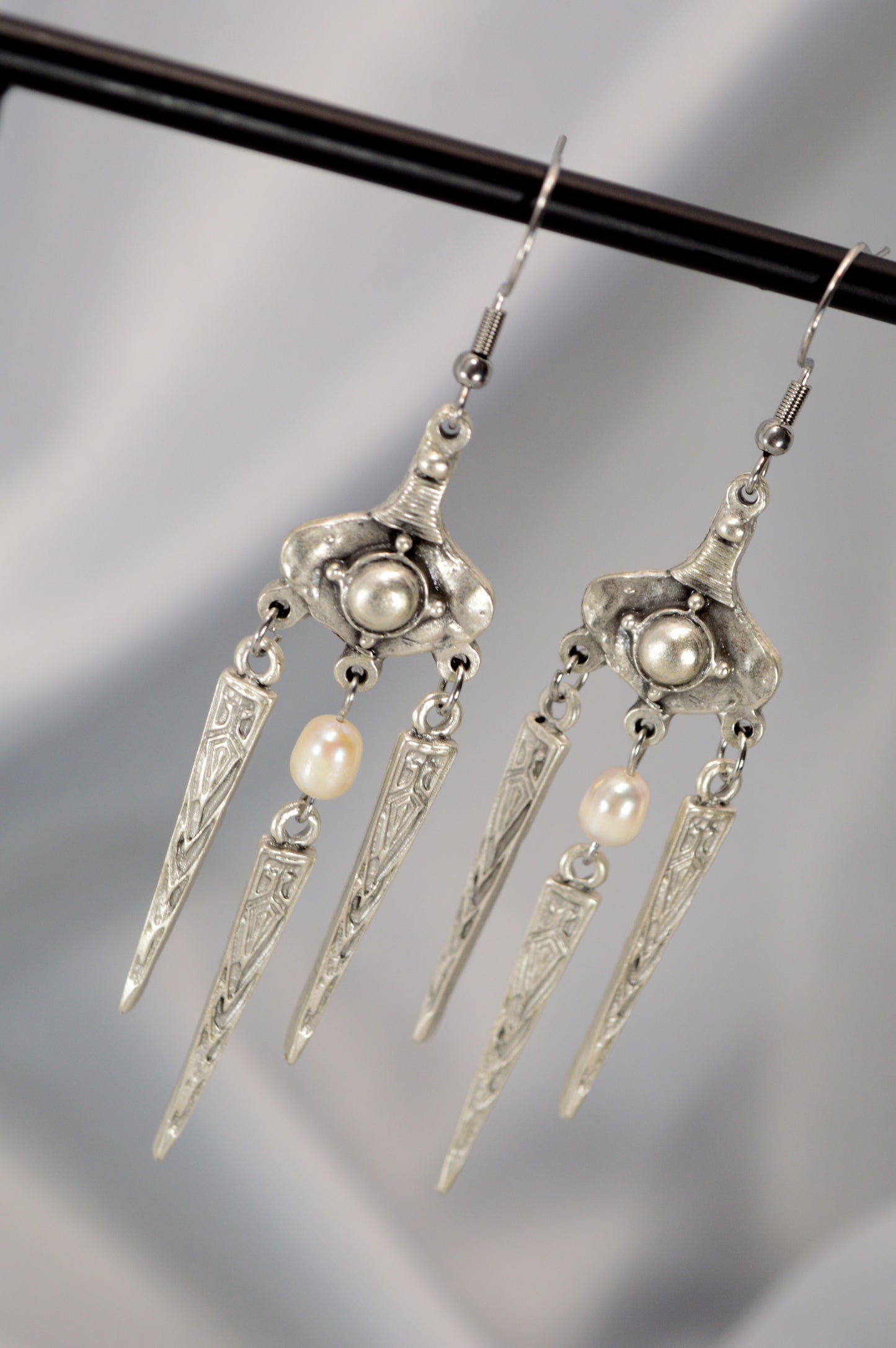 Boho Tribal Pearl Dangle Earrings in Silver & Bronze 10cm - 4"