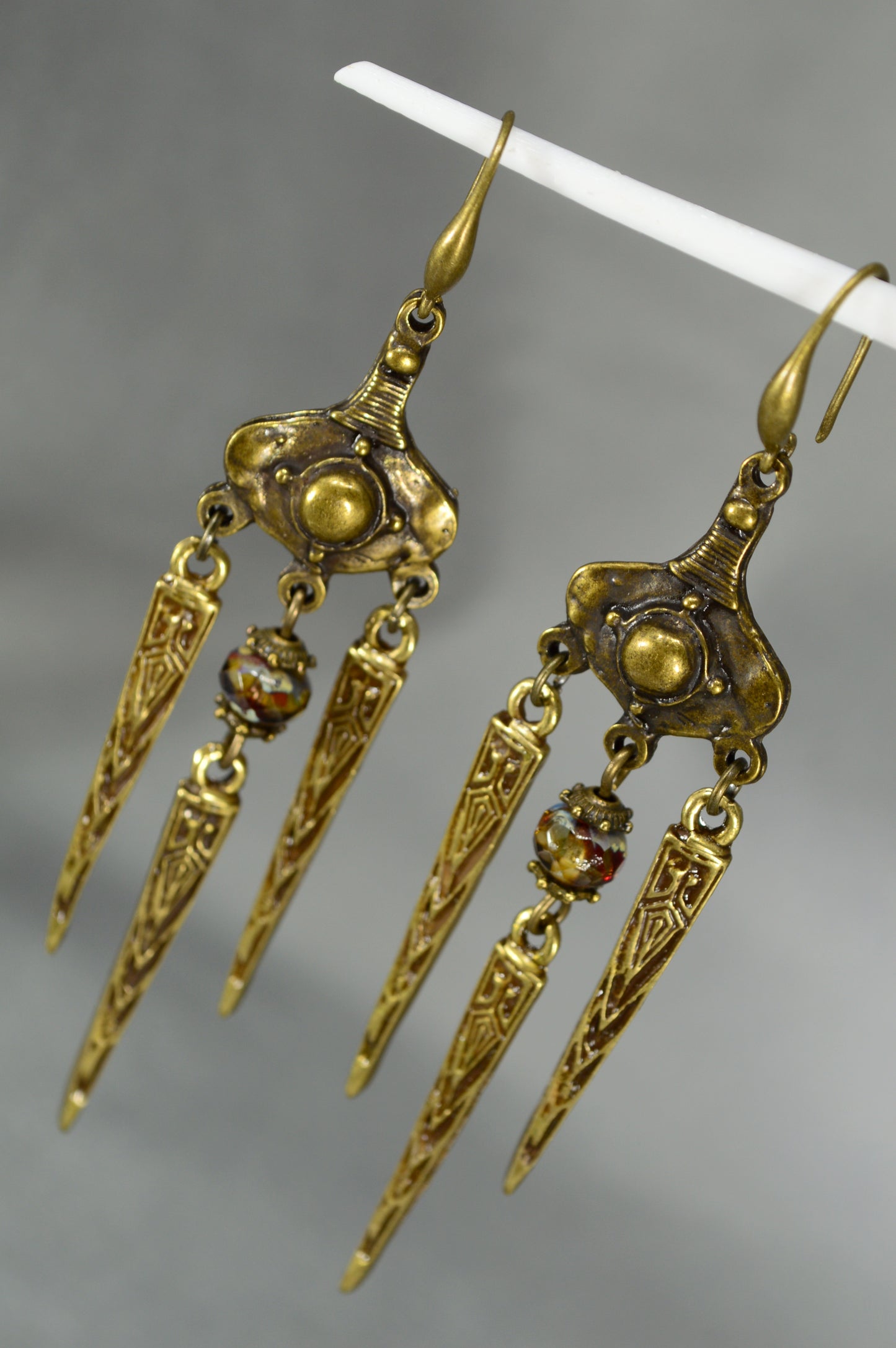 Boho Tribal Bronze Spike Earrings with Art Glass Beads – 8 cm / 3.2"