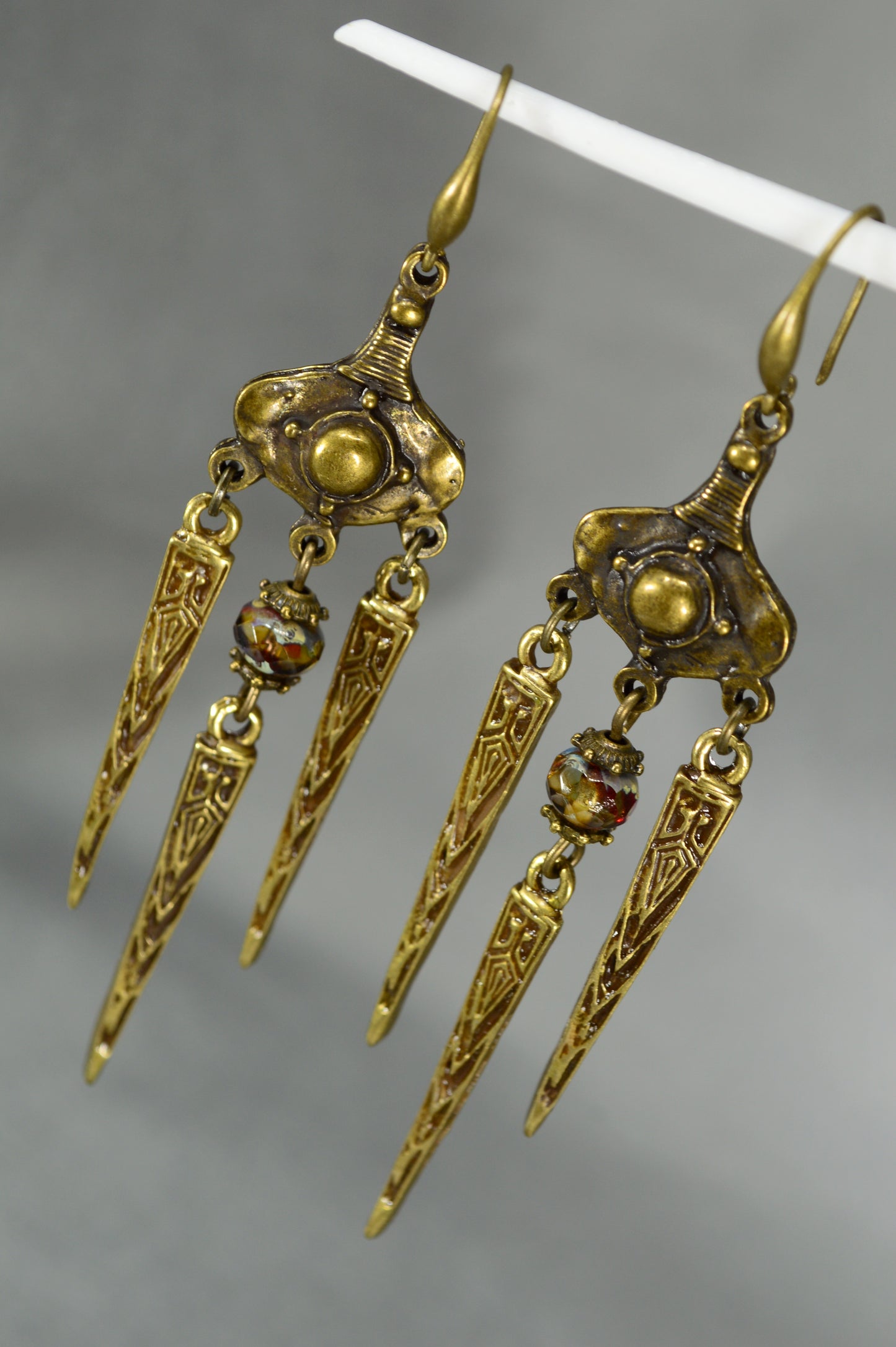 Boho Tribal Bronze Spike Earrings with Art Glass Beads – 8 cm / 3.2"