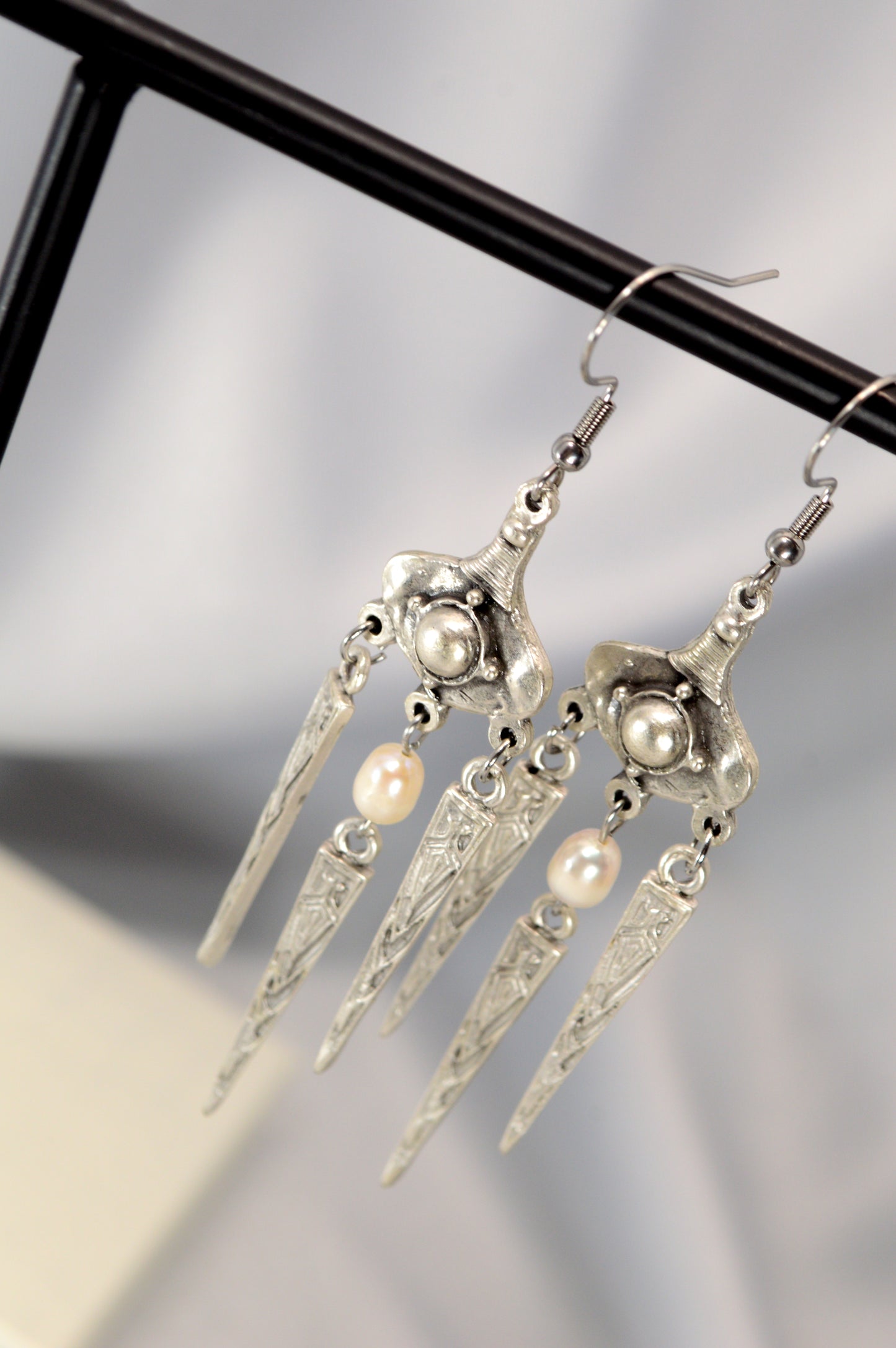 Boho Tribal Pearl Dangle Earrings in Silver & Bronze 10cm - 4"
