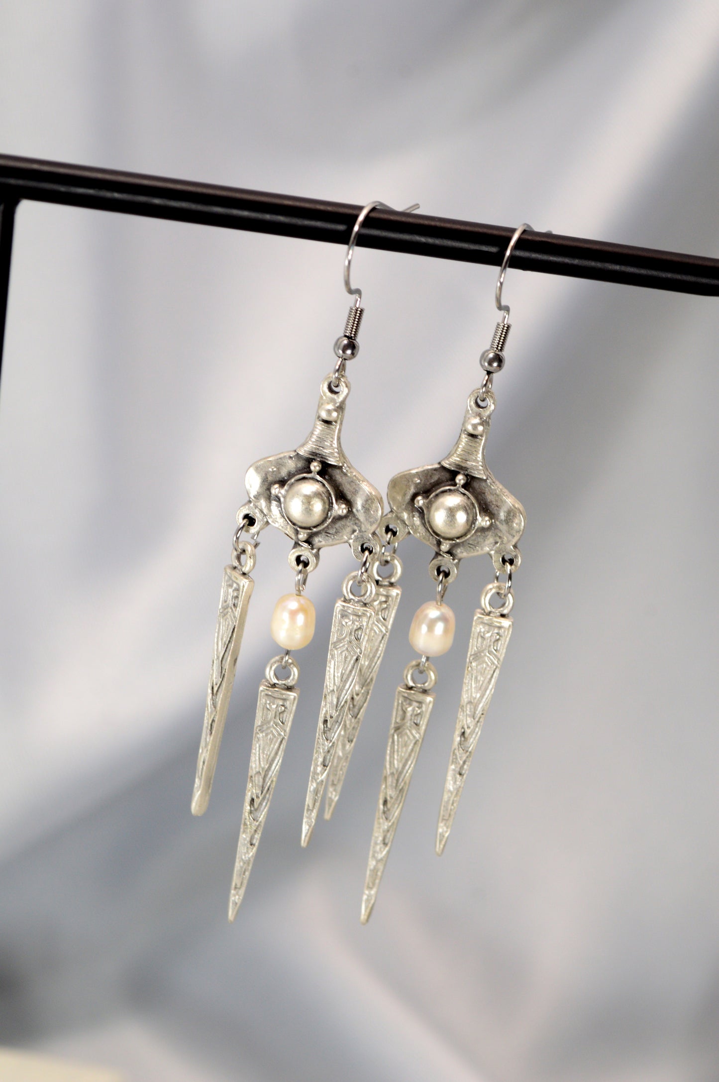 Boho Tribal Pearl Dangle Earrings in Silver & Bronze 10cm - 4"