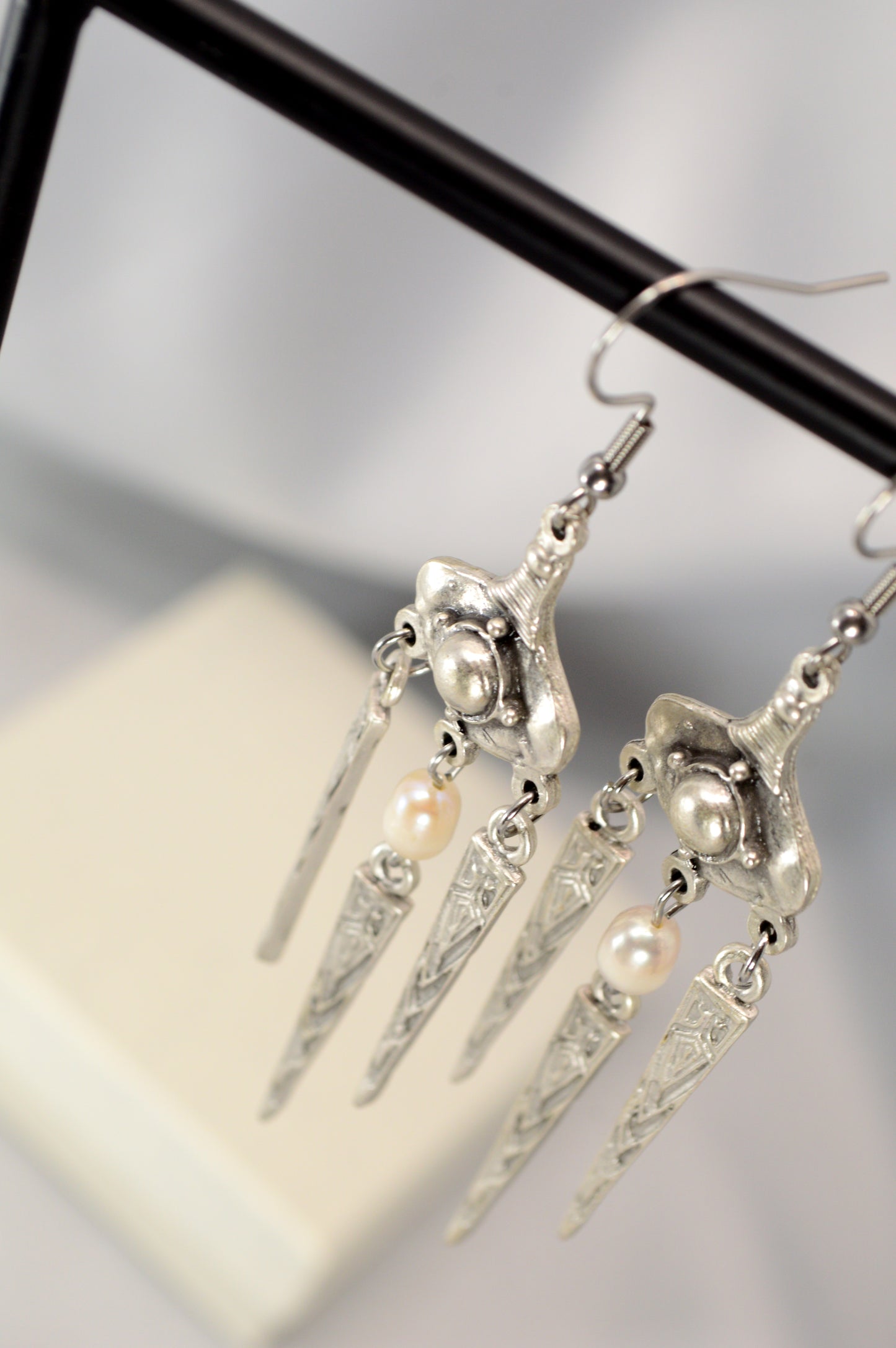 Boho Tribal Pearl Dangle Earrings in Silver & Bronze 10cm - 4"
