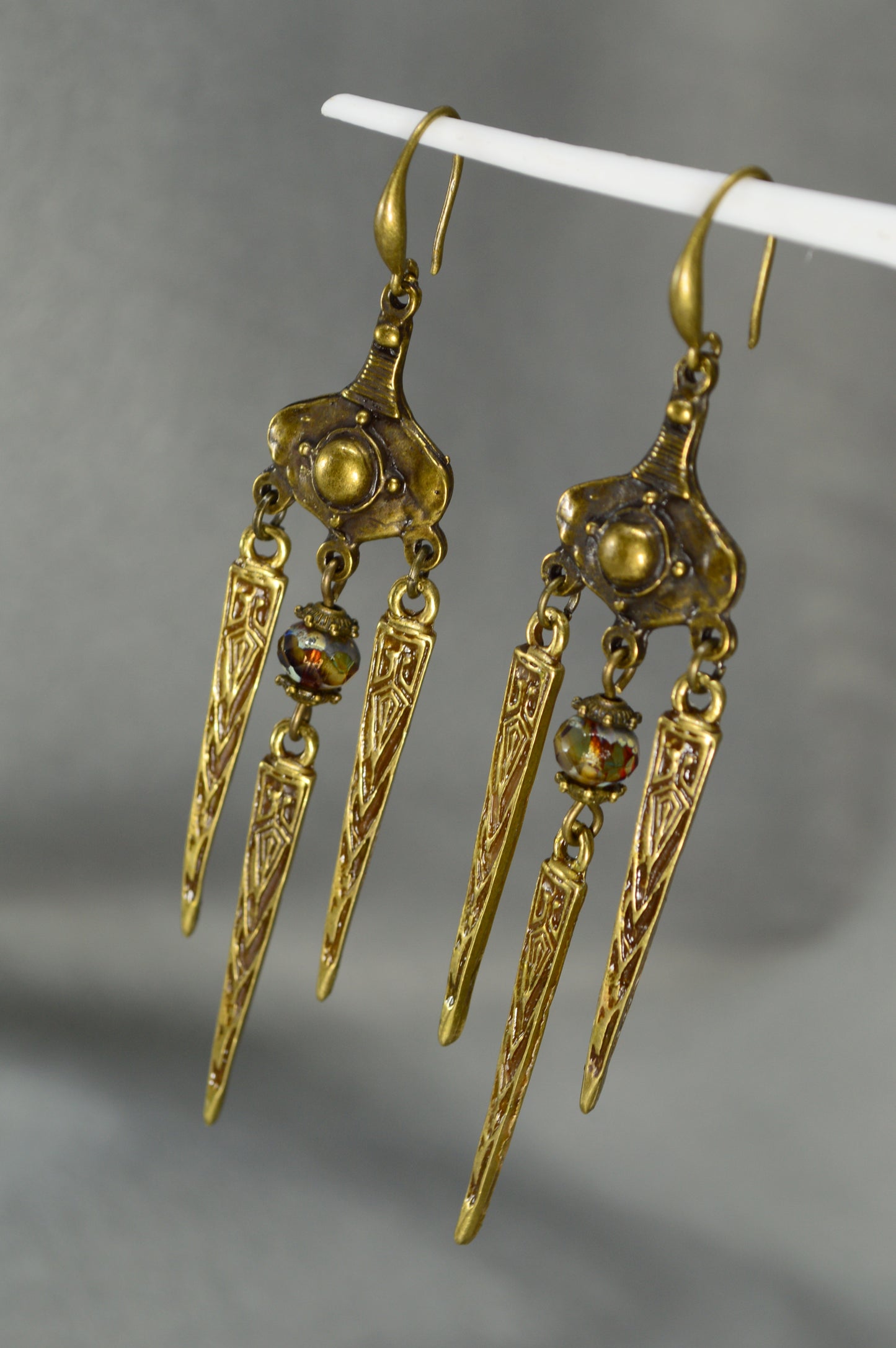 Boho Tribal Bronze Spike Earrings with Art Glass Beads – 8 cm / 3.2"