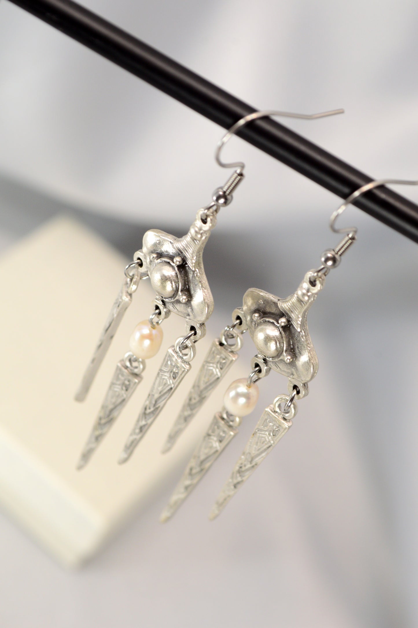 Boho Tribal Pearl Dangle Earrings in Silver & Bronze 10cm - 4"