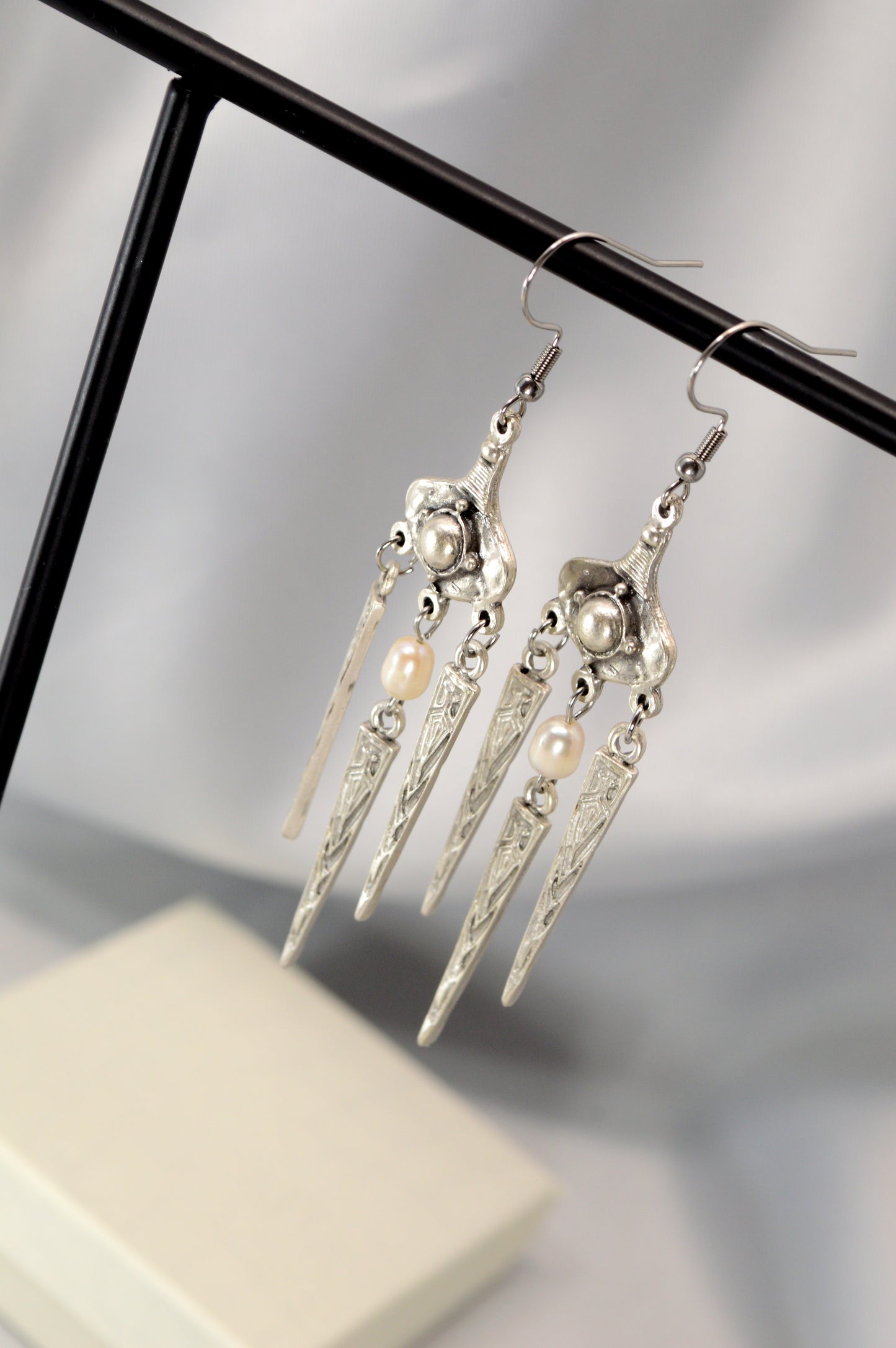 Boho Tribal Pearl Dangle Earrings in Silver & Bronze 10cm - 4"