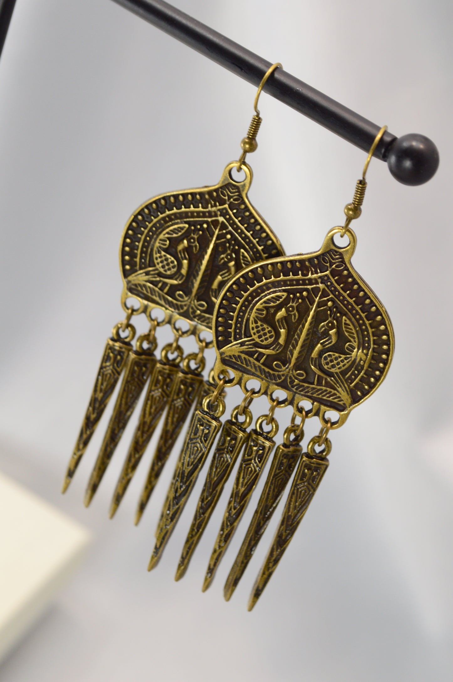 Boho Ethnic Peacock Dangle Earrings – Bronze – 9 cm / 3.5"