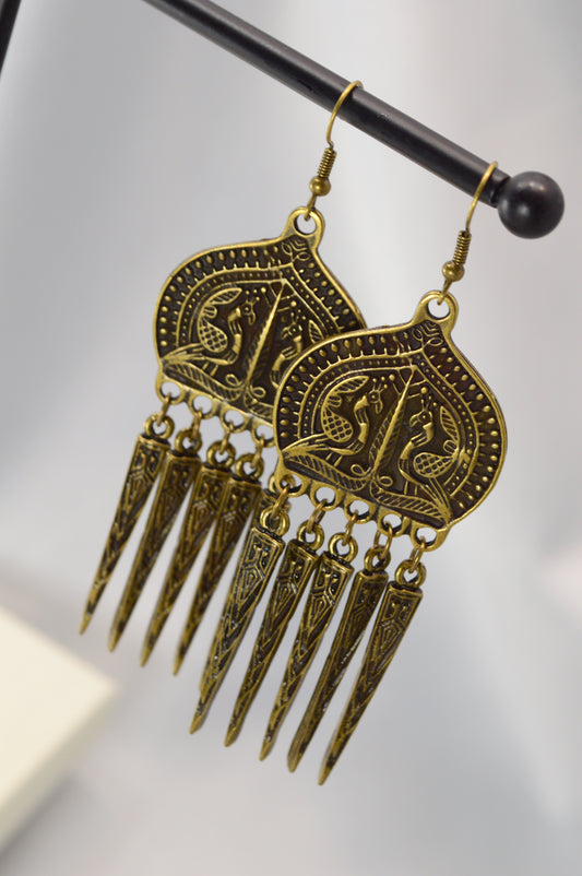 Boho Ethnic Peacock Dangle Earrings – Bronze – 9 cm / 3.5"
