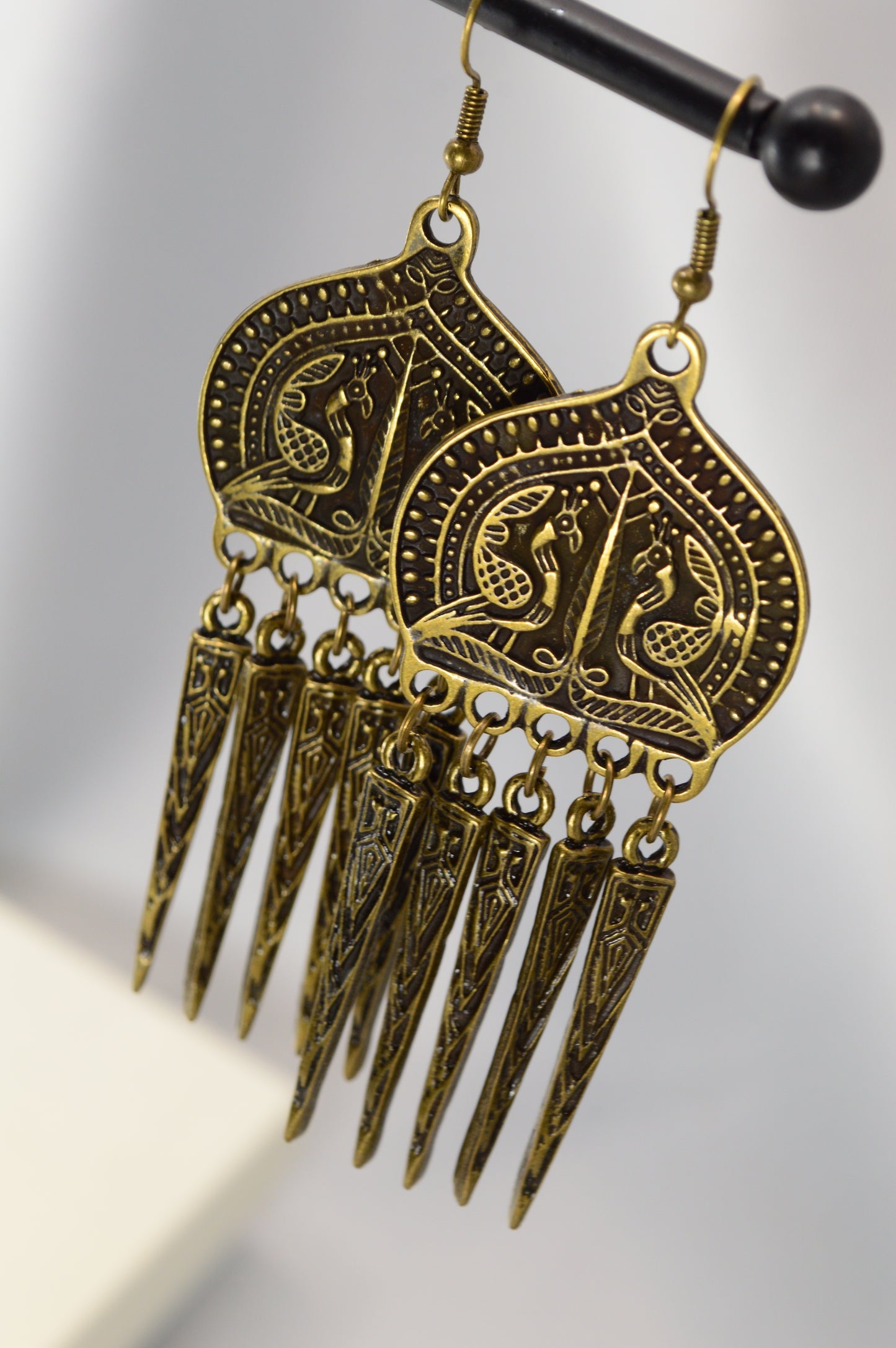 Boho Ethnic Peacock Dangle Earrings – Bronze – 9 cm / 3.5"