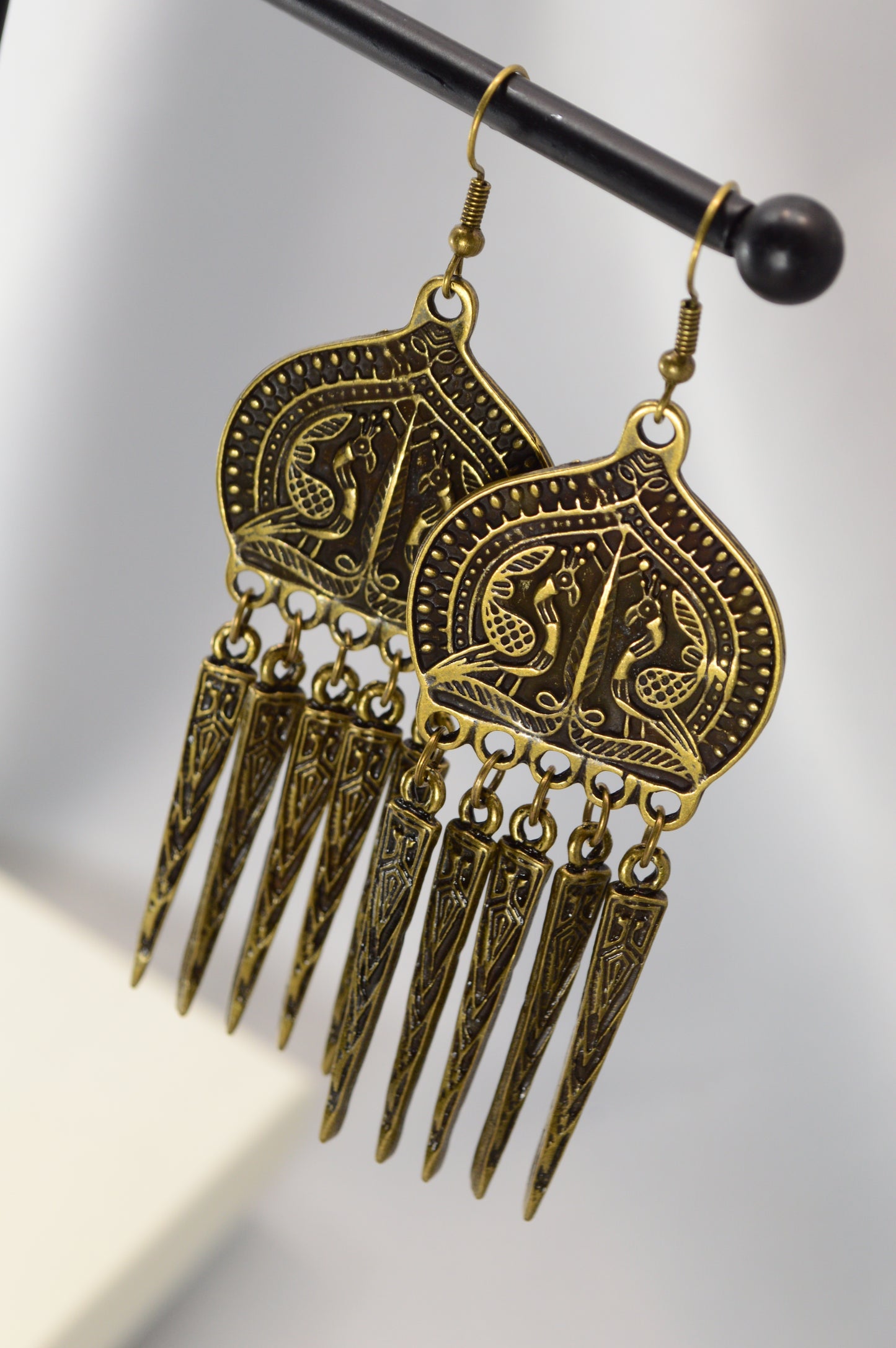 Boho Ethnic Peacock Dangle Earrings – Bronze – 9 cm / 3.5"