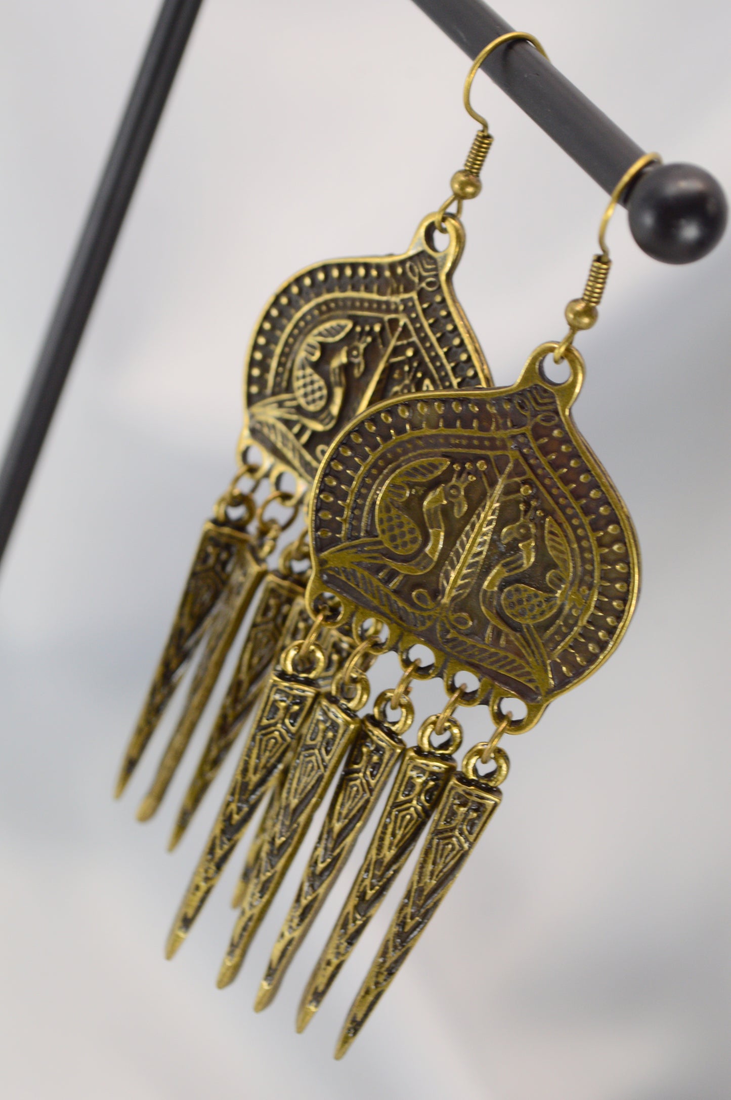 Boho Ethnic Peacock Dangle Earrings – Bronze – 9 cm / 3.5"