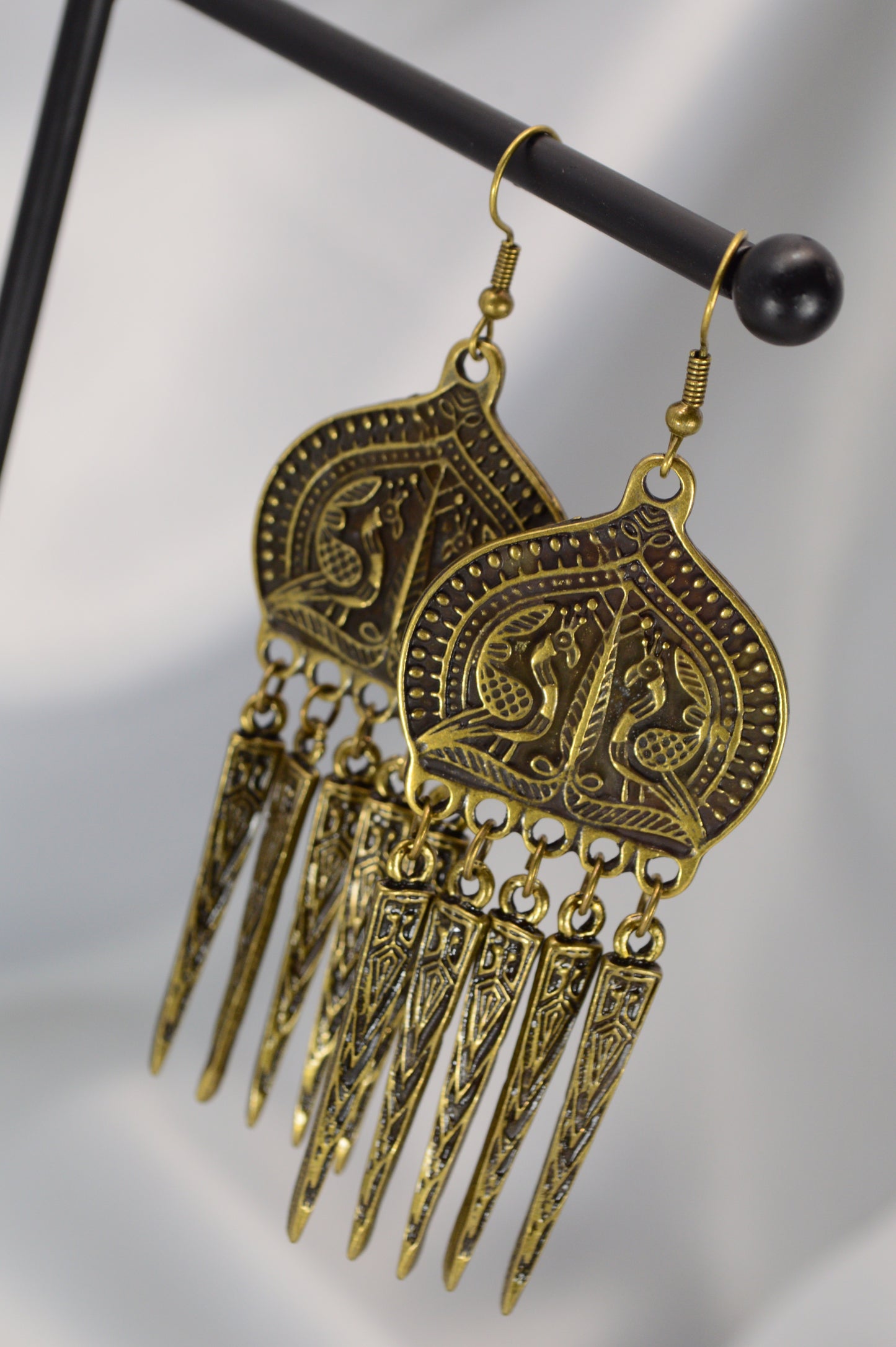 Boho Ethnic Peacock Dangle Earrings – Bronze – 9 cm / 3.5"