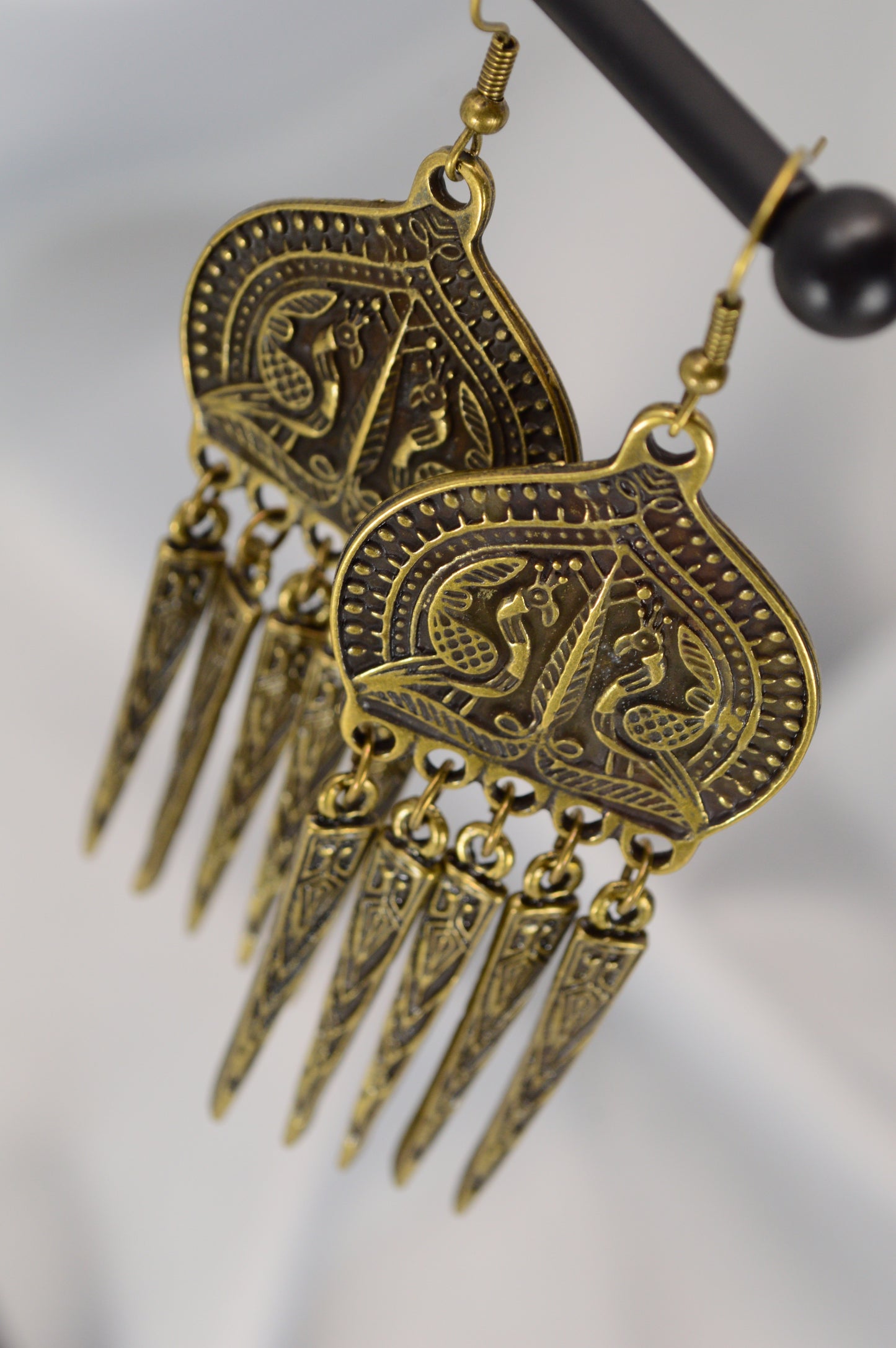 Boho Ethnic Peacock Dangle Earrings – Bronze – 9 cm / 3.5"