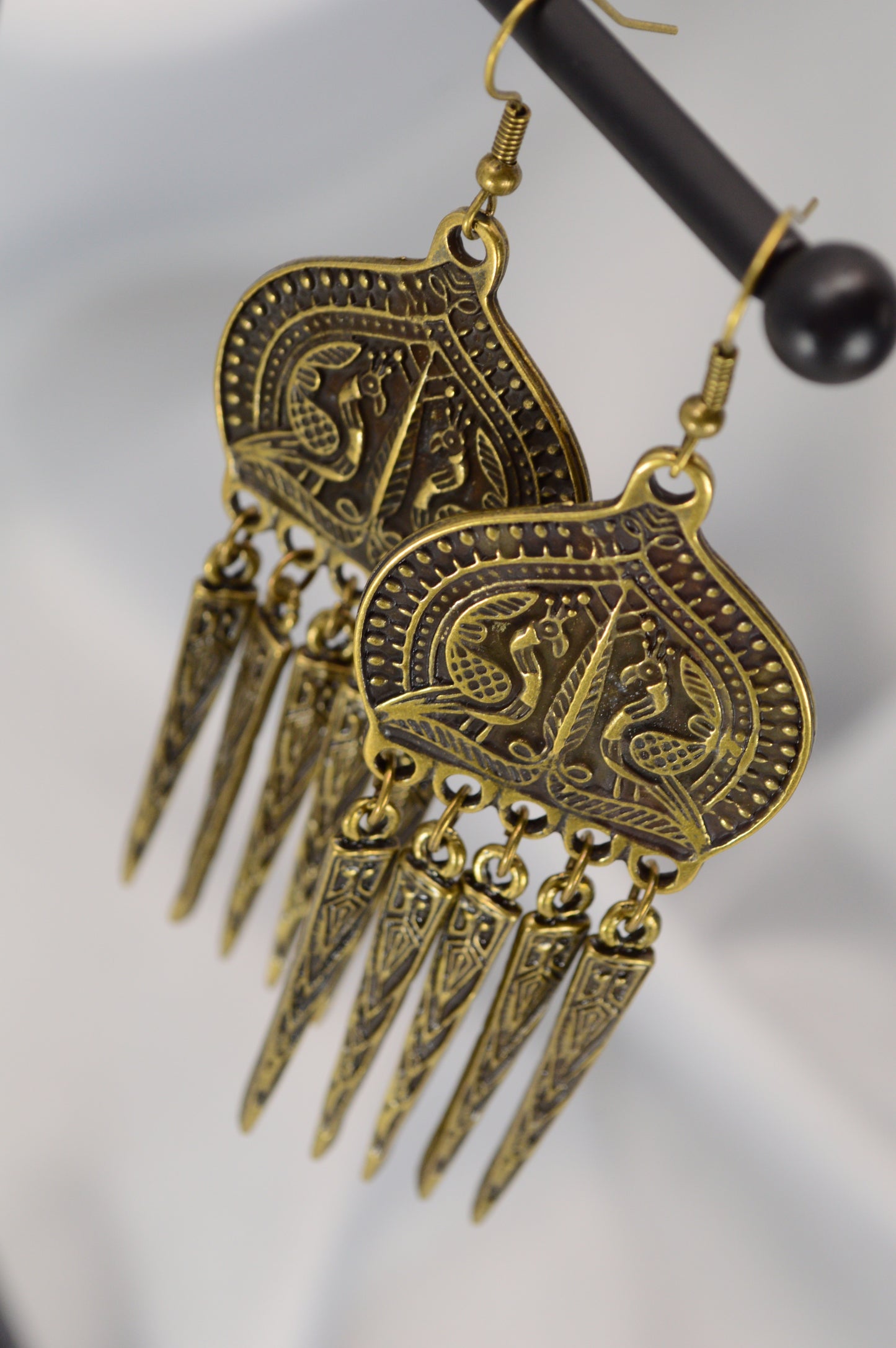 Boho Ethnic Peacock Dangle Earrings – Bronze – 9 cm / 3.5"