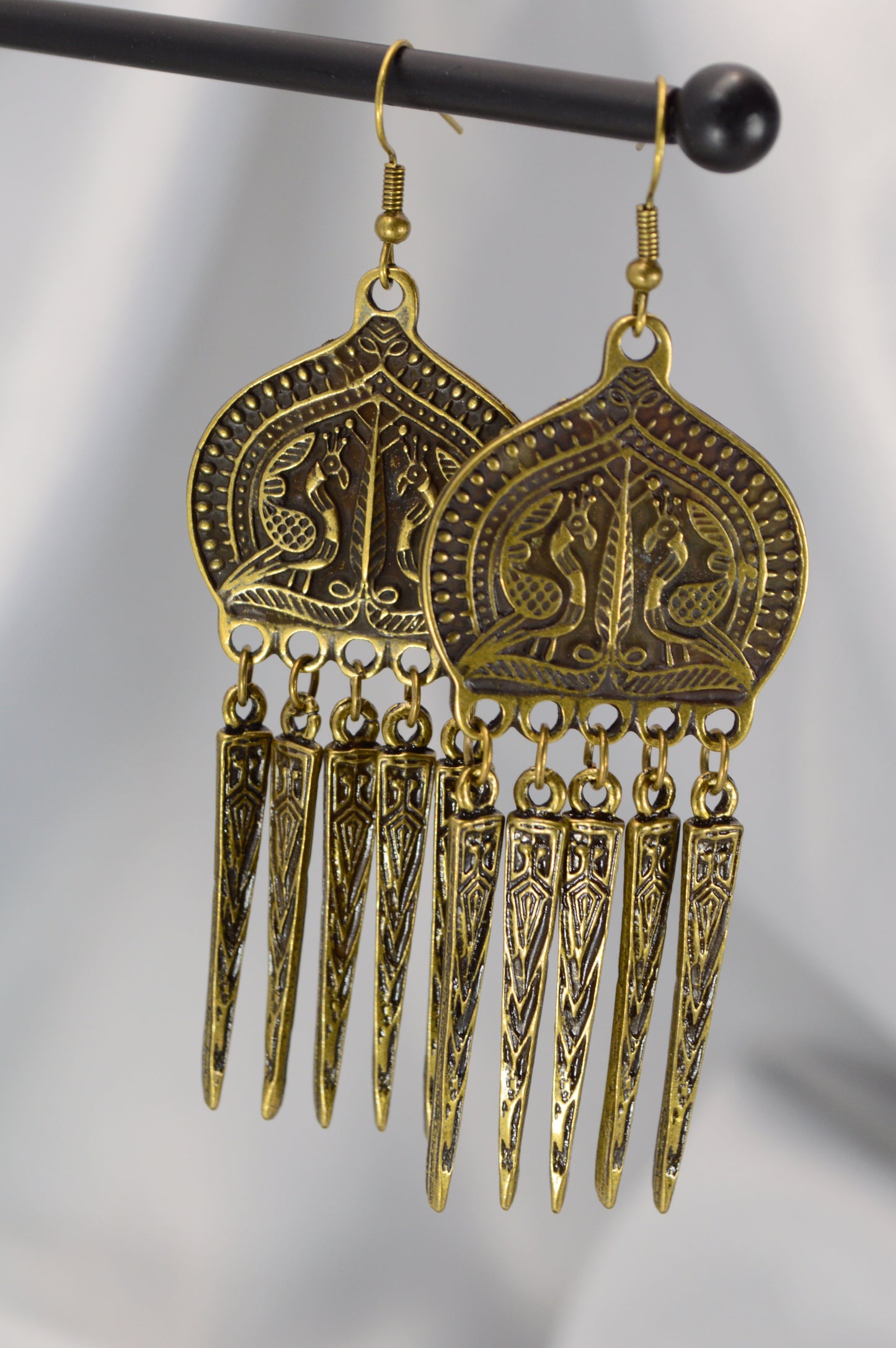 Boho Ethnic Peacock Dangle Earrings – Bronze – 9 cm / 3.5"
