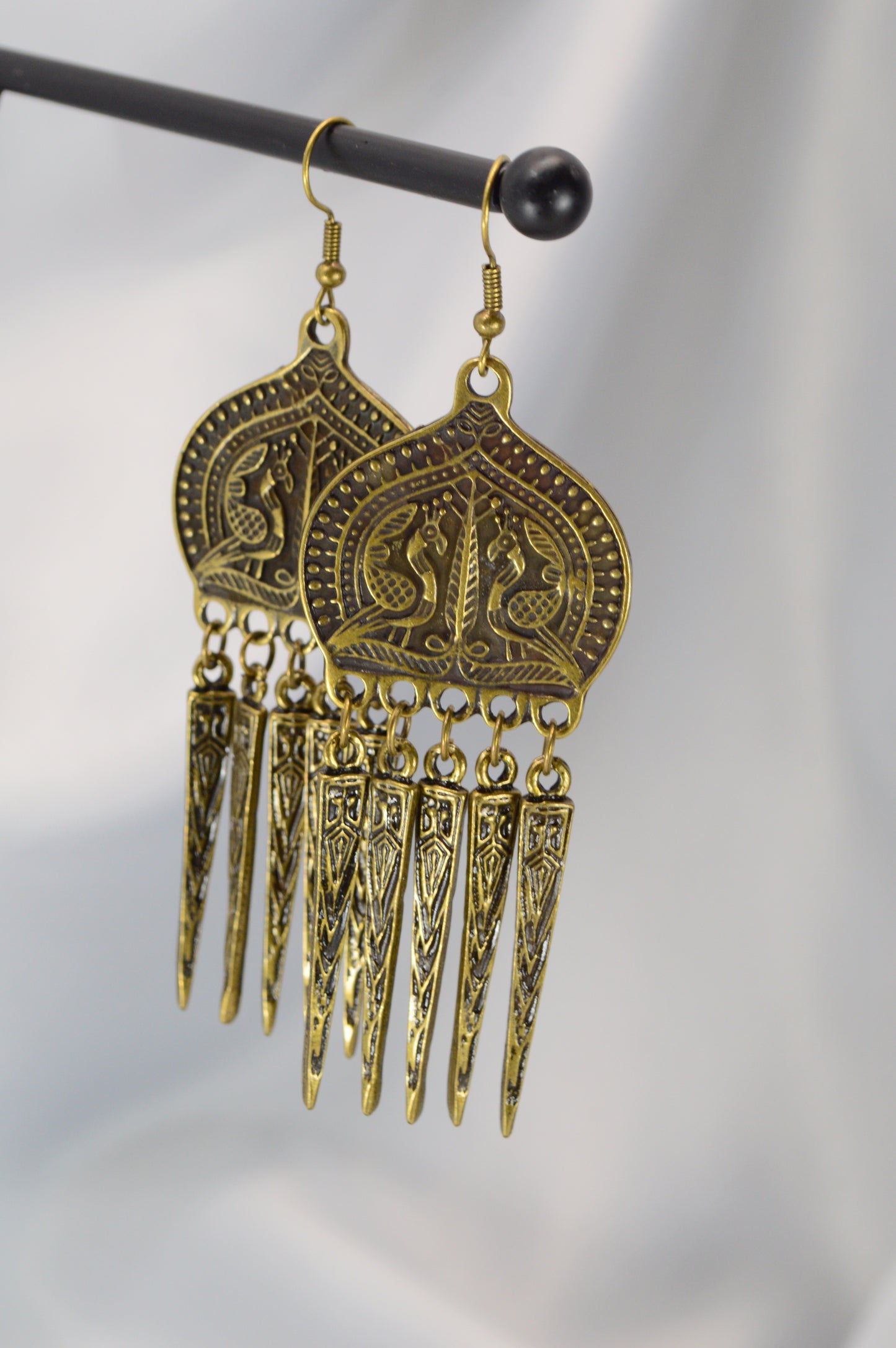 Boho Ethnic Peacock Dangle Earrings – Bronze – 9 cm / 3.5"