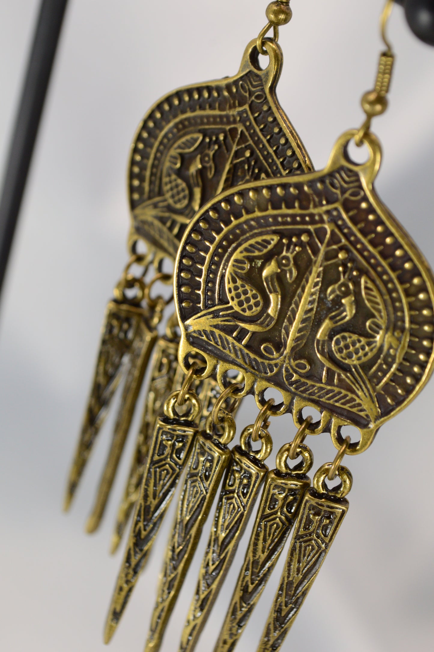 Boho Ethnic Peacock Dangle Earrings – Bronze – 9 cm / 3.5"