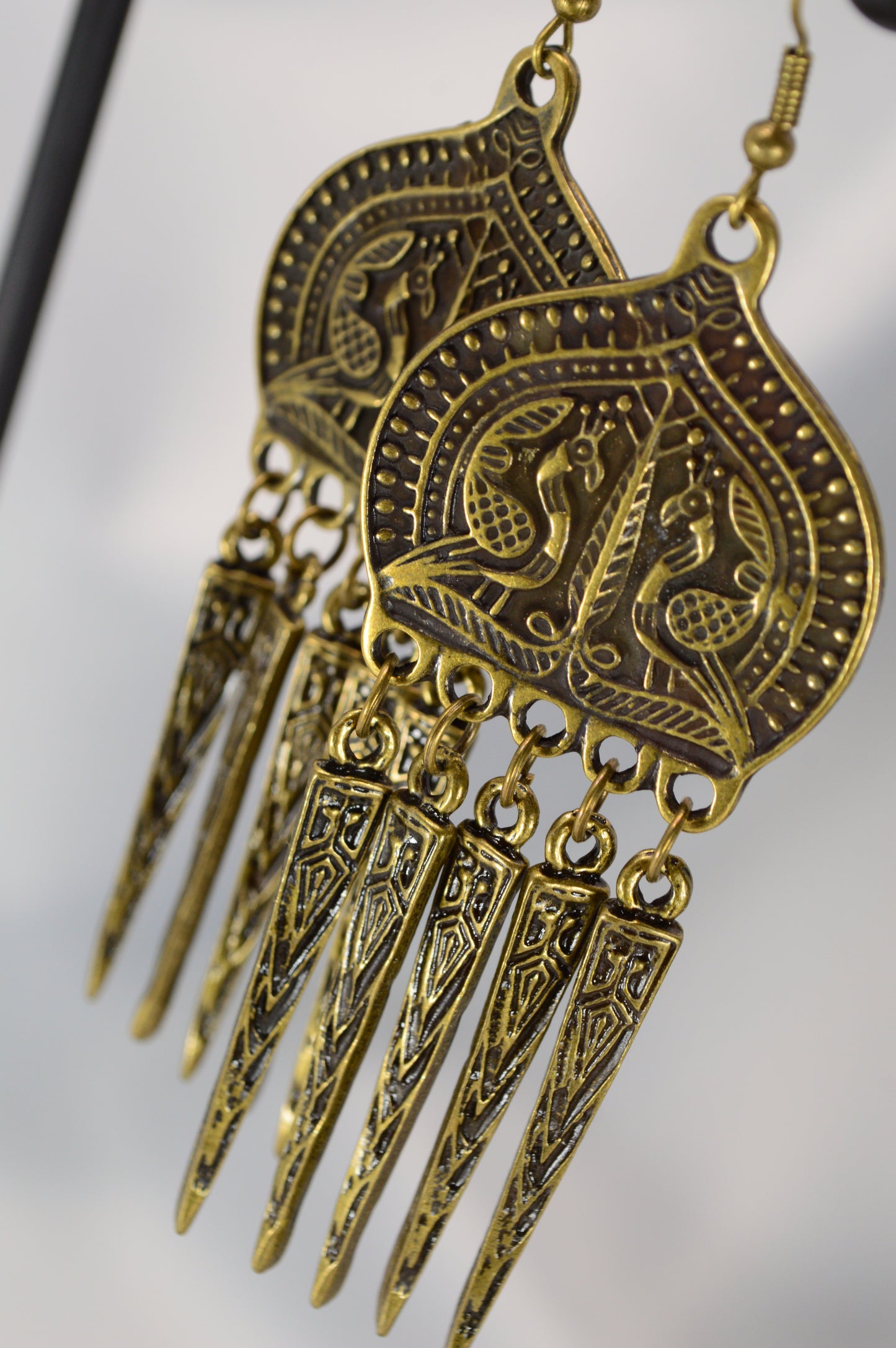 Boho Ethnic Peacock Dangle Earrings – Bronze – 9 cm / 3.5"