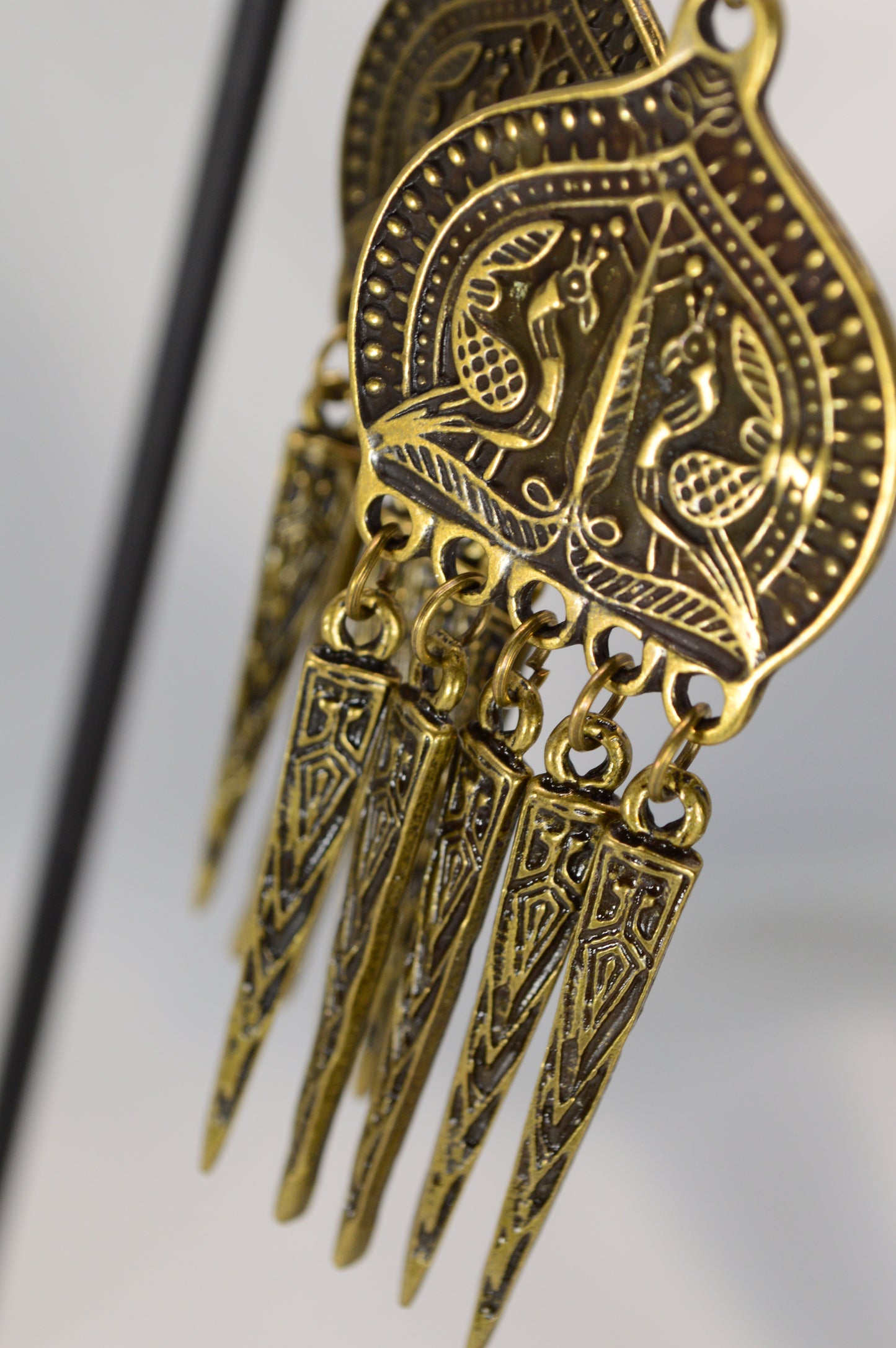 Boho Ethnic Peacock Dangle Earrings – Bronze – 9 cm / 3.5"