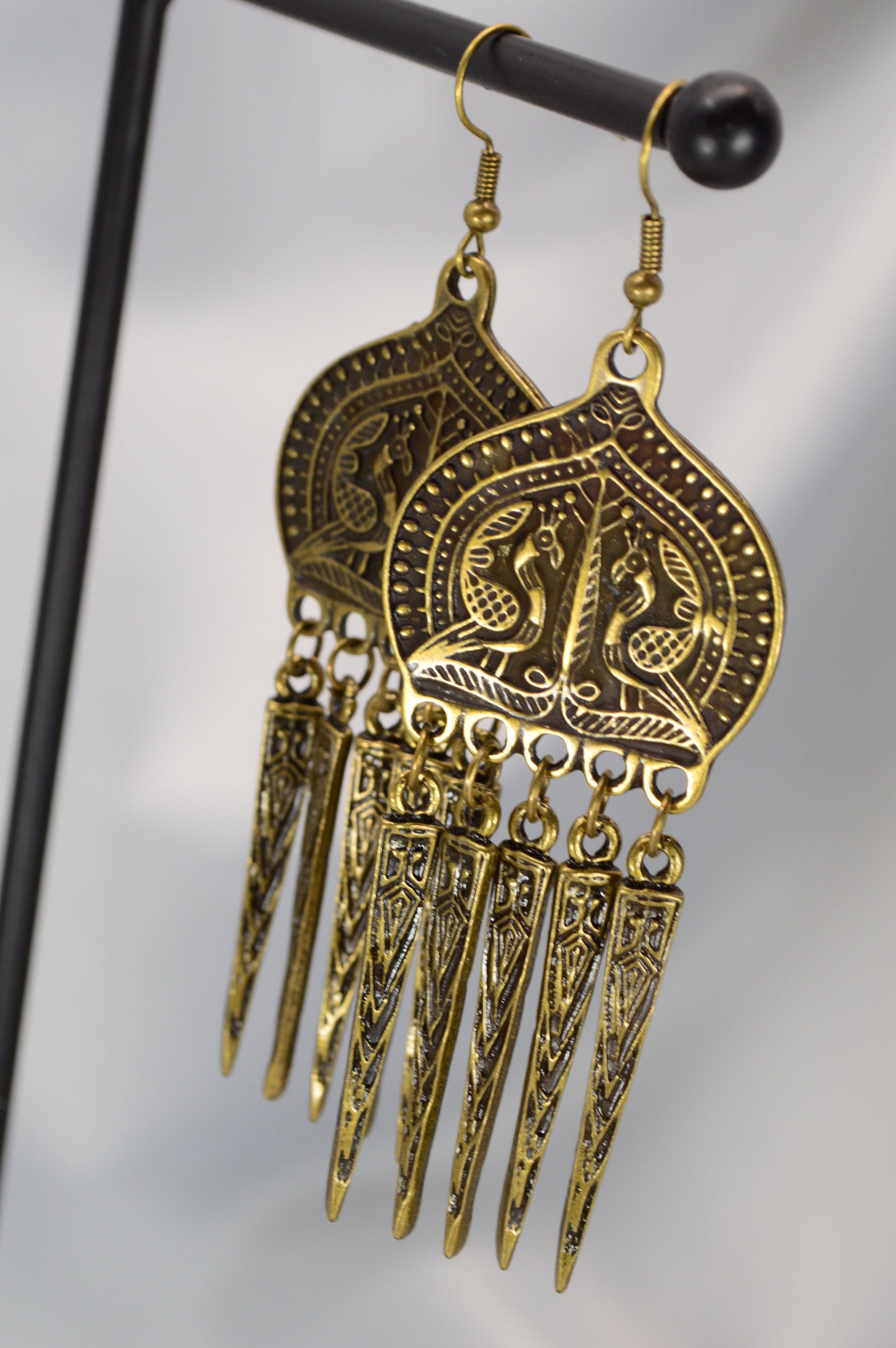 Boho Ethnic Peacock Dangle Earrings – Bronze – 9 cm / 3.5"