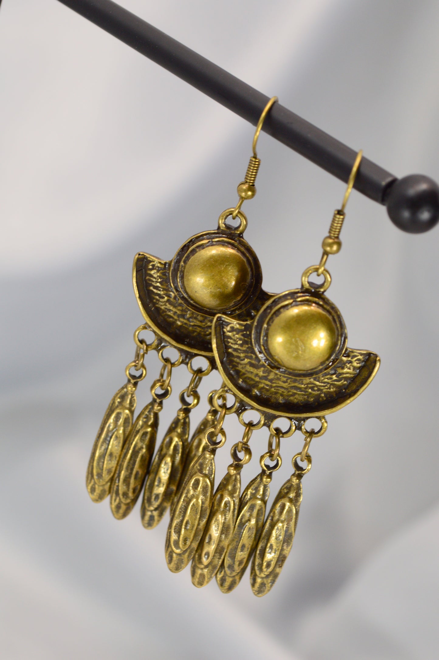 Boho Crescent Dangle Earrings in Silver & Bronze – 7.5 cm / 3"