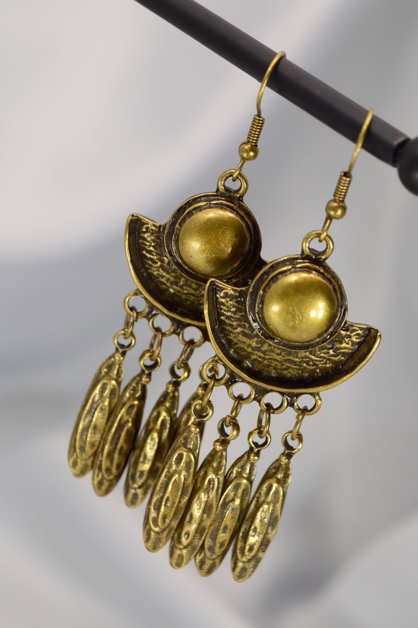 Boho Crescent Dangle Earrings in Silver & Bronze – 7.5 cm / 3"