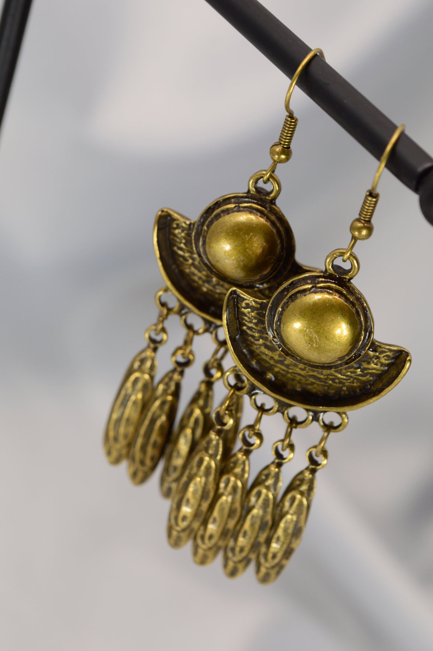 Boho Crescent Dangle Earrings in Silver & Bronze – 7.5 cm / 3"