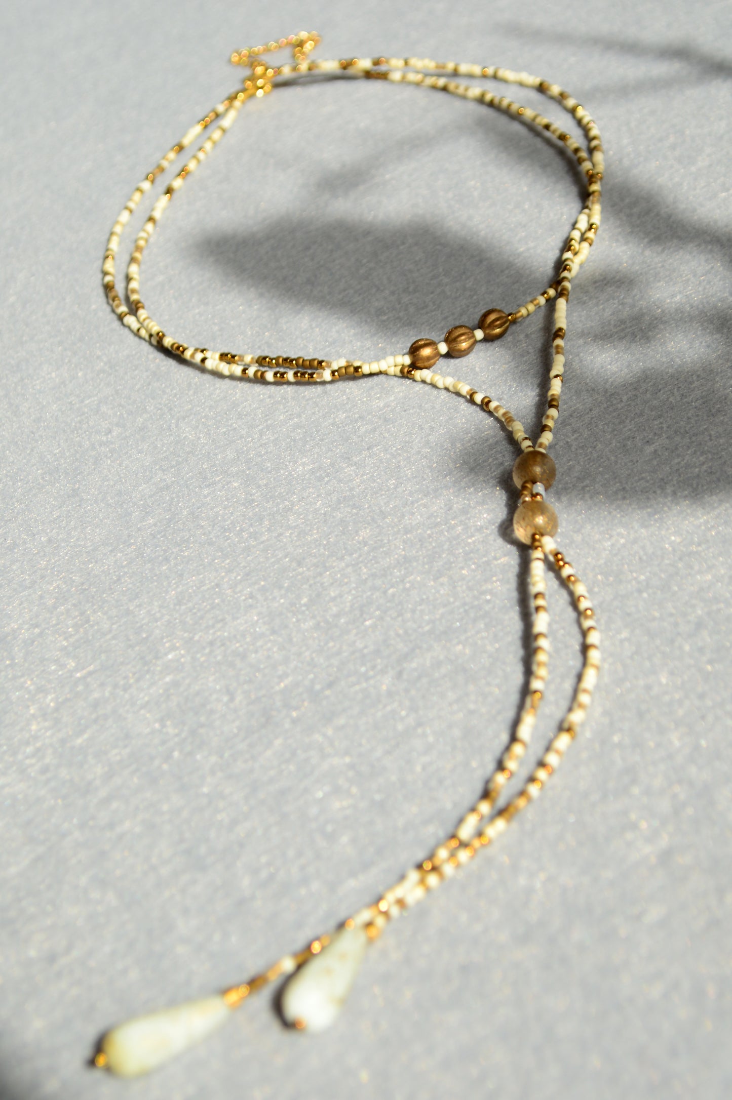 Gold Lariat Necklace with White Marble Glass Drops – Adjustable Y Necklace
