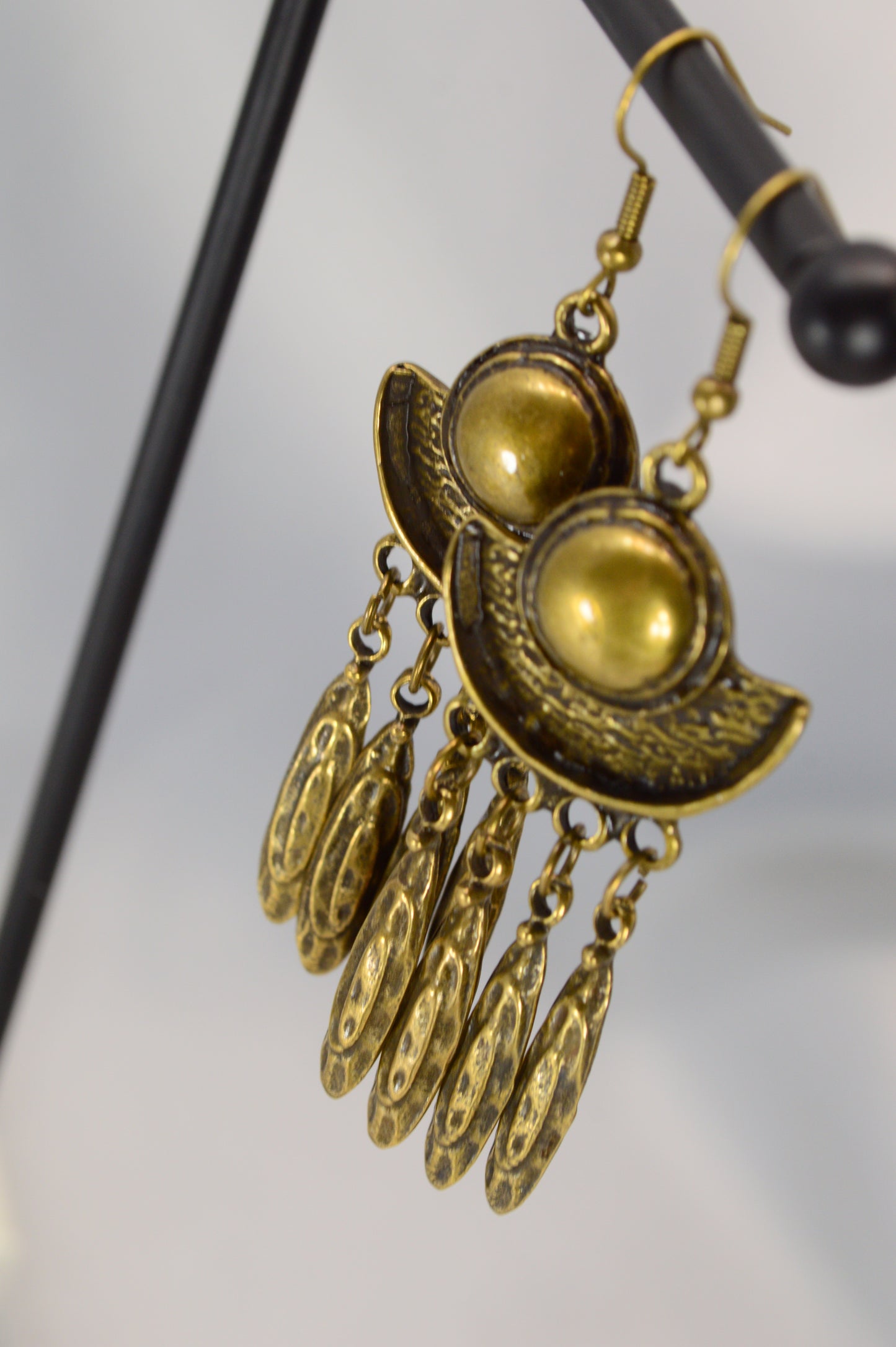 Boho Crescent Dangle Earrings in Silver & Bronze – 7.5 cm / 3"