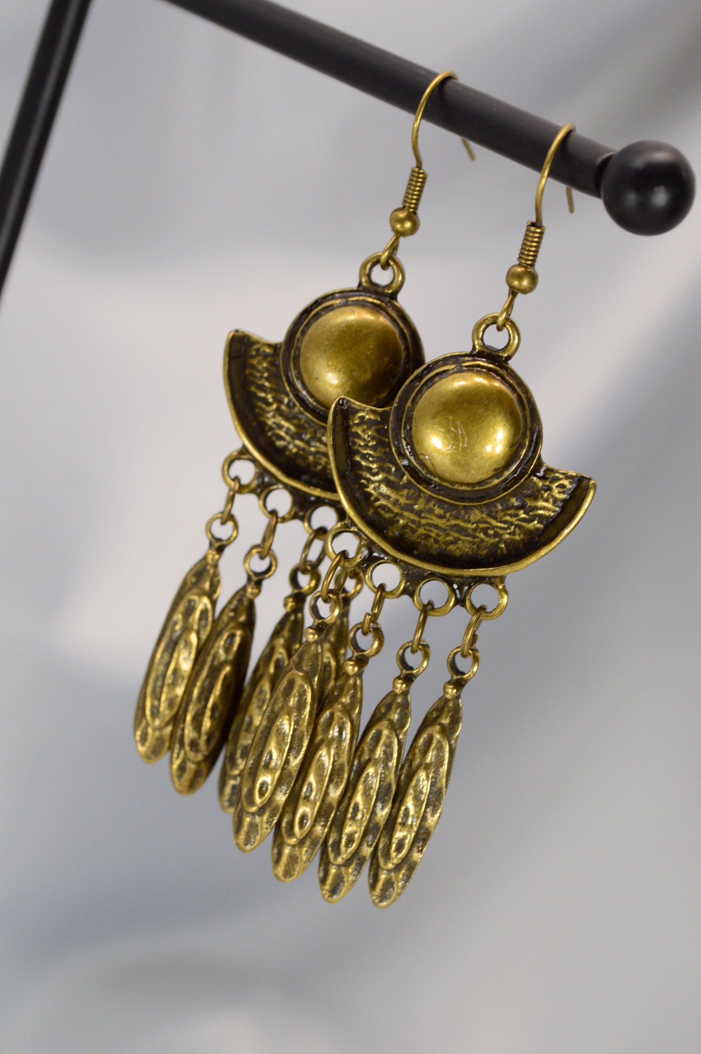 Boho Crescent Dangle Earrings in Silver & Bronze – 7.5 cm / 3"