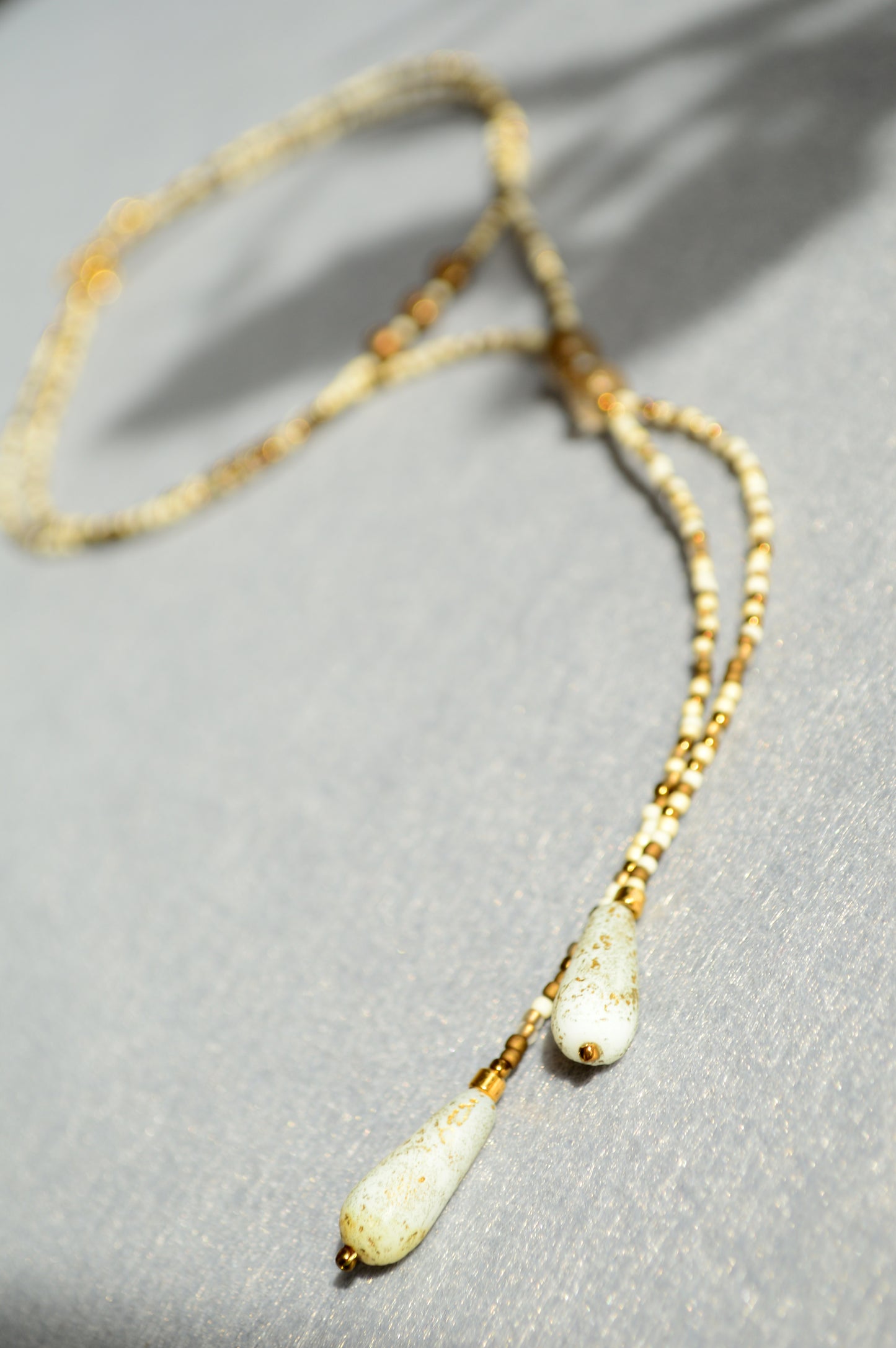 Gold Lariat Necklace with White Marble Glass Drops – Adjustable Y Necklace