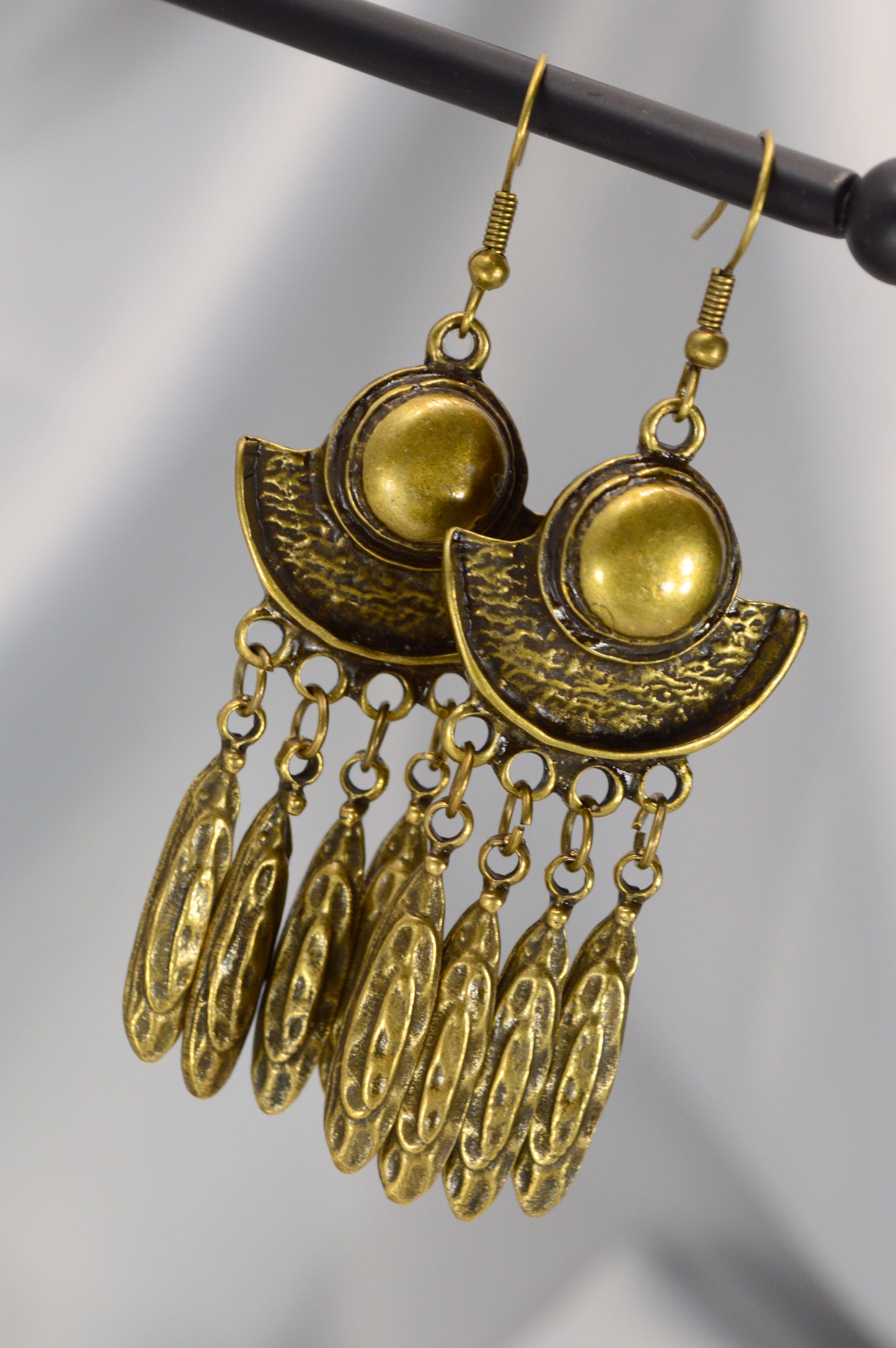 Boho Crescent Dangle Earrings in Silver & Bronze – 7.5 cm / 3"