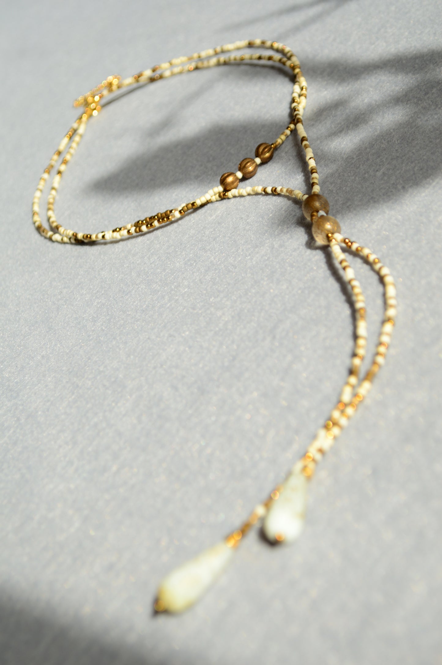 Gold Lariat Necklace with White Marble Glass Drops – Adjustable Y Necklace