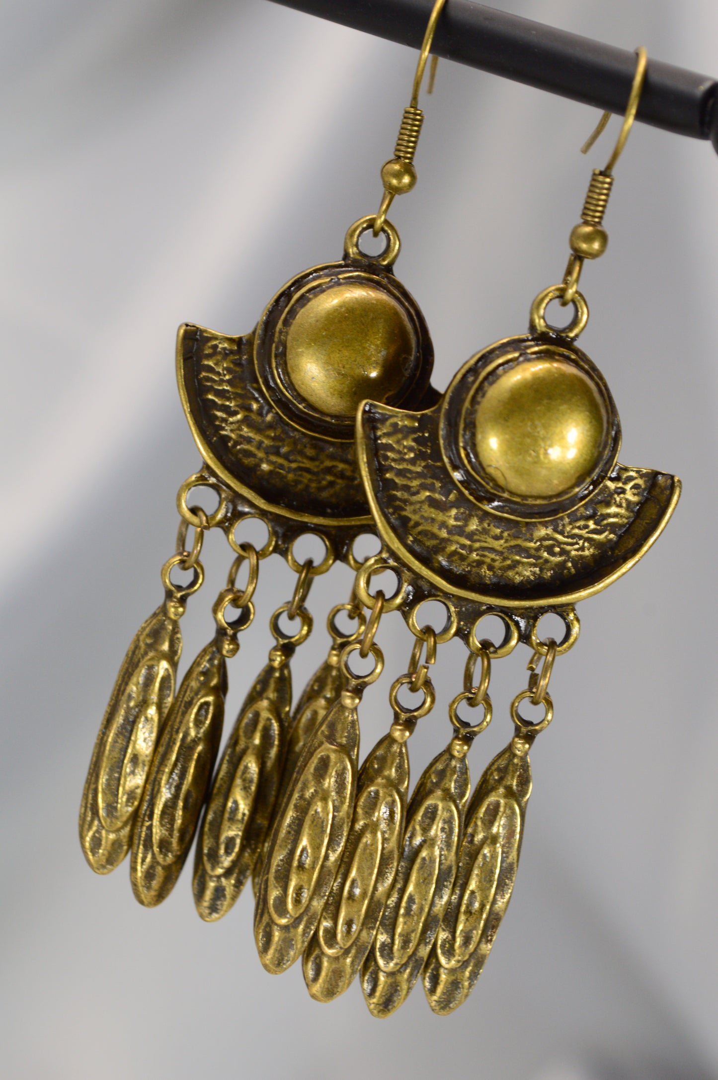 Boho Crescent Dangle Earrings in Silver & Bronze – 7.5 cm / 3"