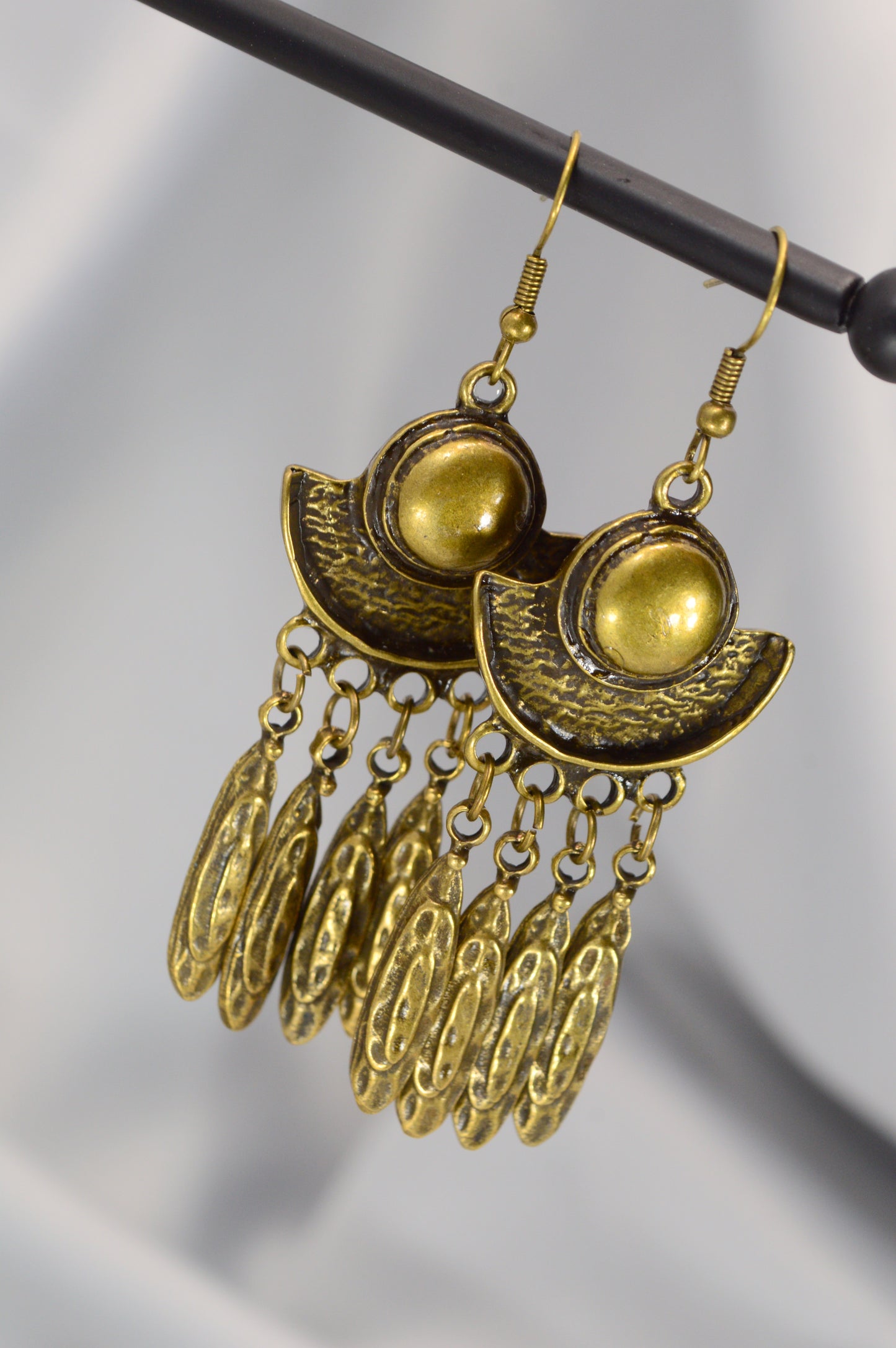 Boho Crescent Dangle Earrings in Silver & Bronze – 7.5 cm / 3"