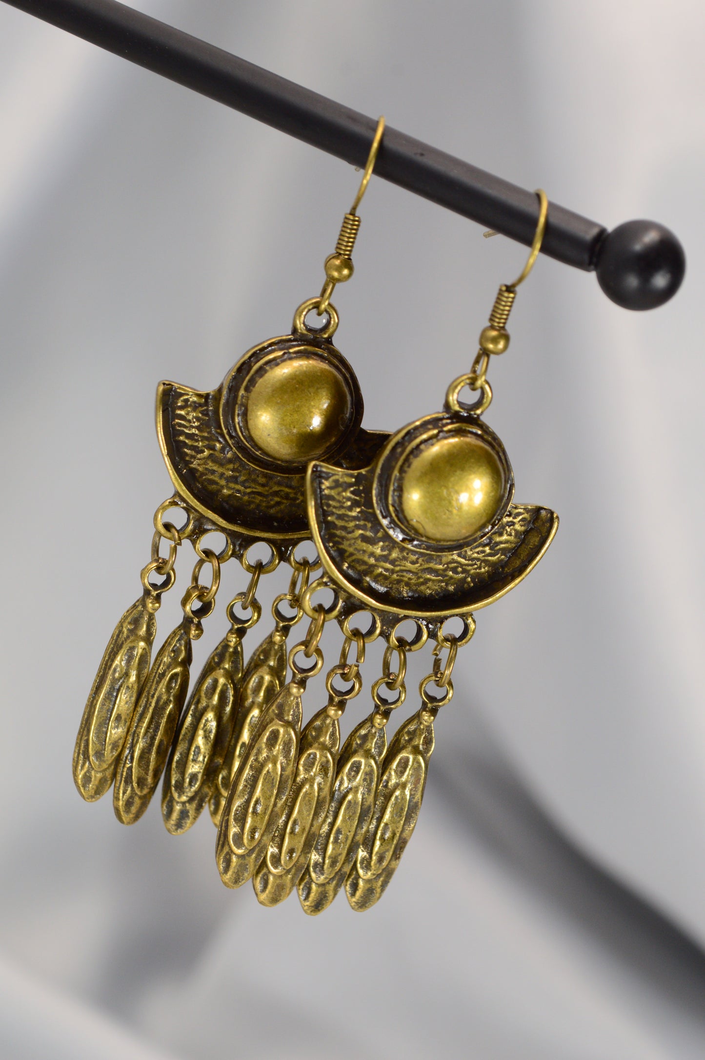 Boho Crescent Dangle Earrings in Silver & Bronze – 7.5 cm / 3"