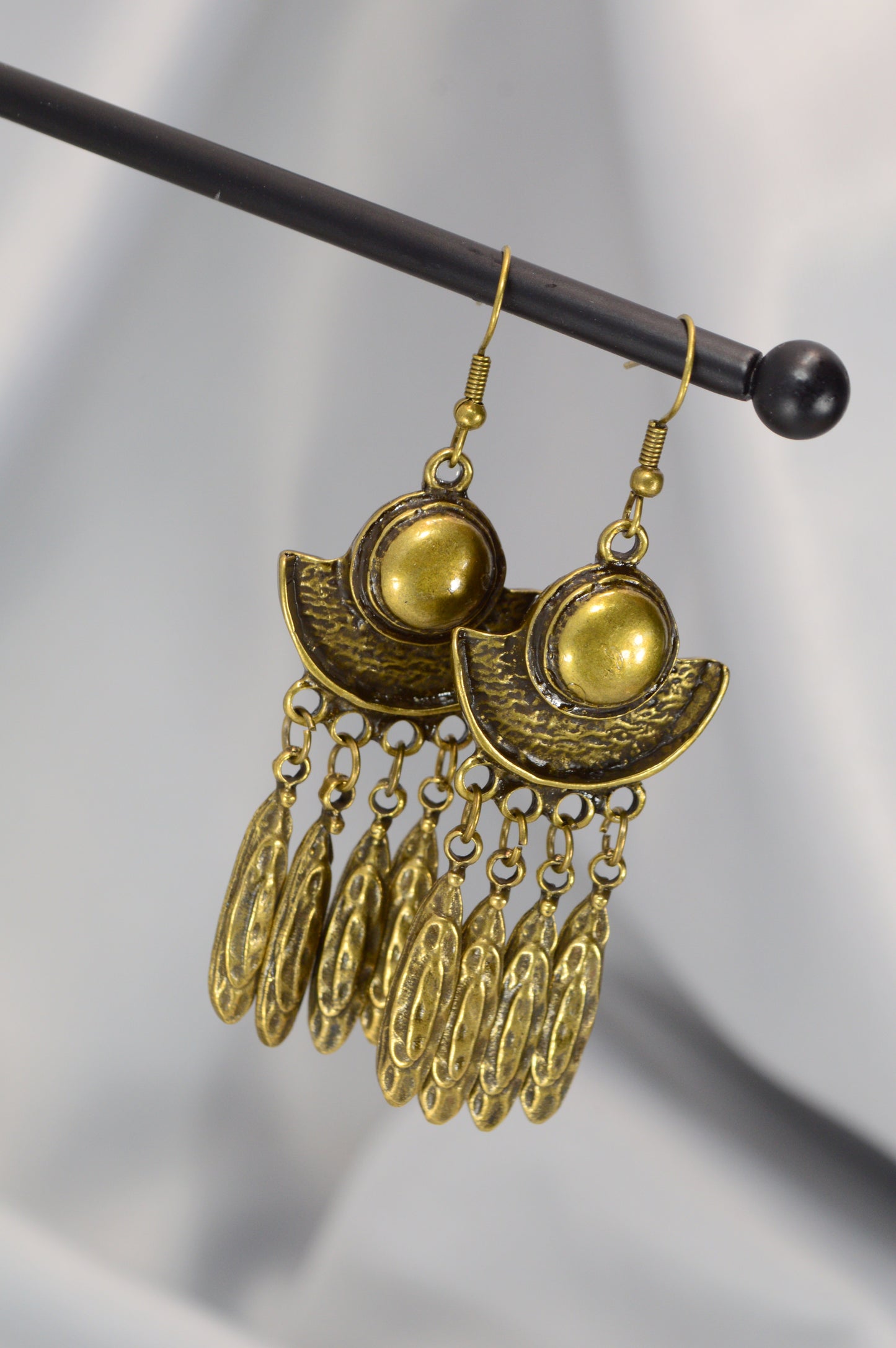 Boho Crescent Dangle Earrings in Silver & Bronze – 7.5 cm / 3"