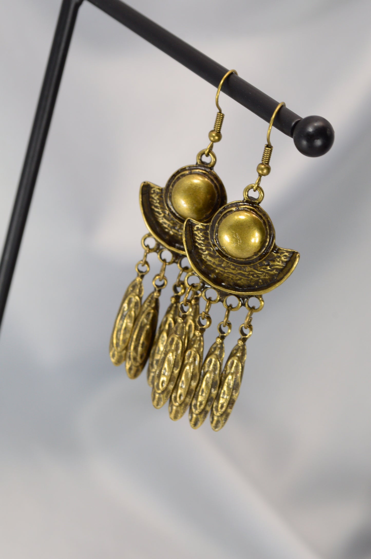 Boho Crescent Dangle Earrings in Silver & Bronze – 7.5 cm / 3"