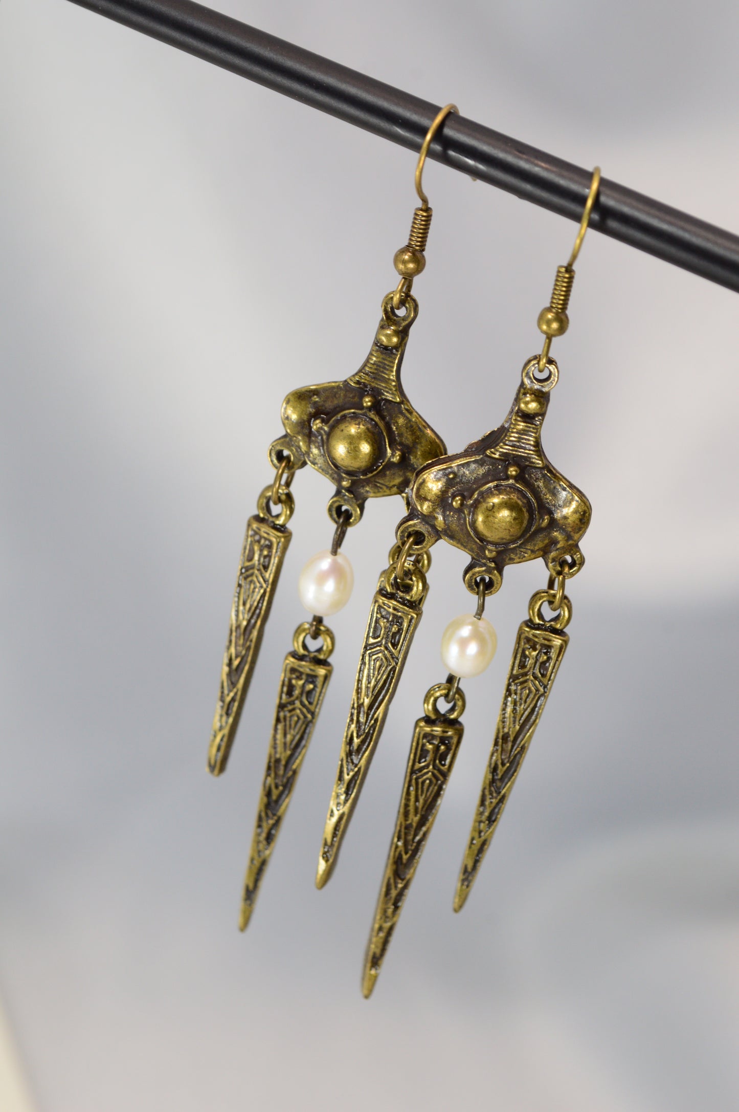 Boho Tribal Pearl Dangle Earrings in Silver & Bronze 10cm - 4"