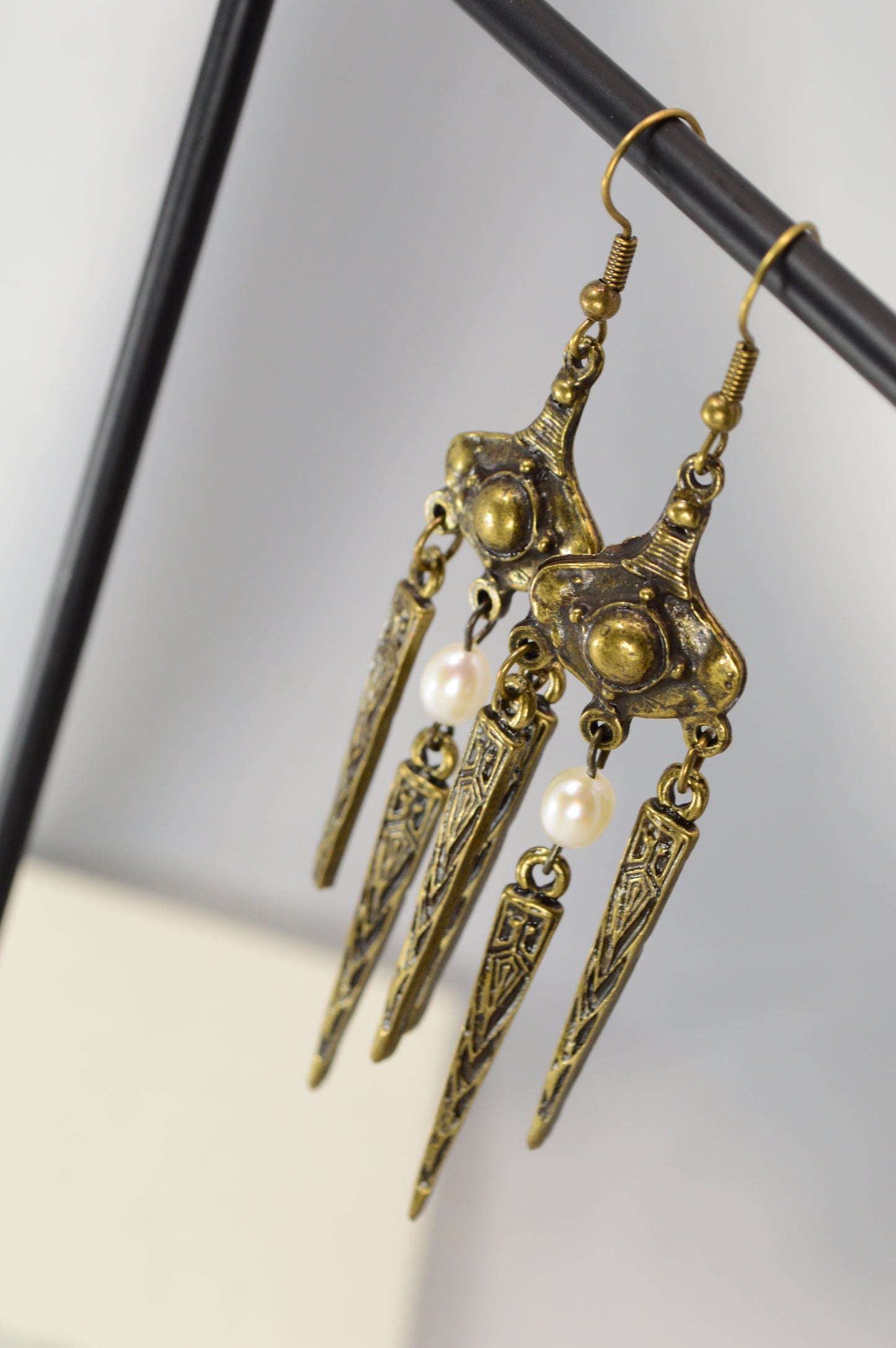 Boho Tribal Pearl Dangle Earrings in Silver & Bronze 10cm - 4"