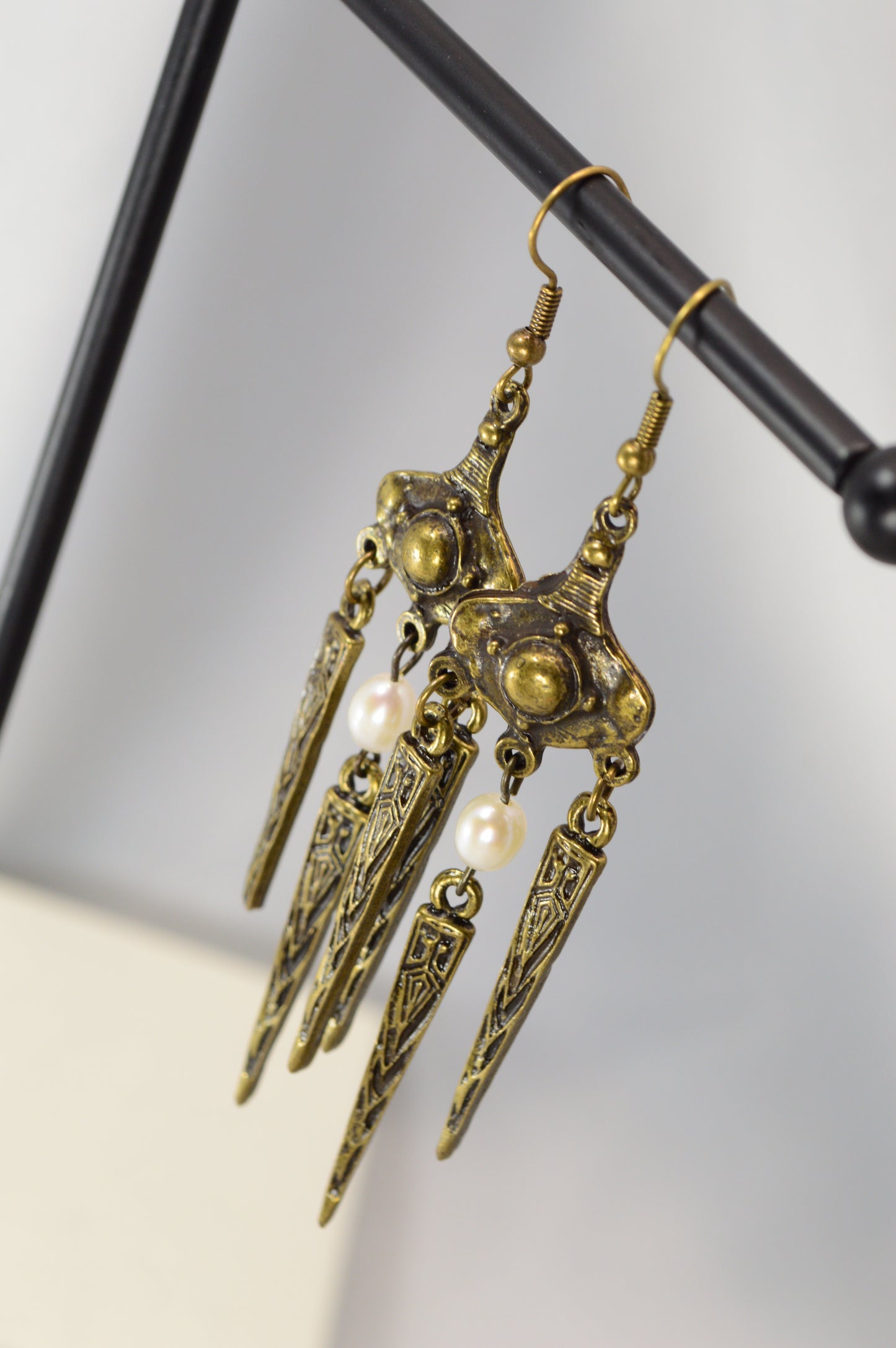 Boho Tribal Pearl Dangle Earrings in Silver & Bronze 10cm - 4"