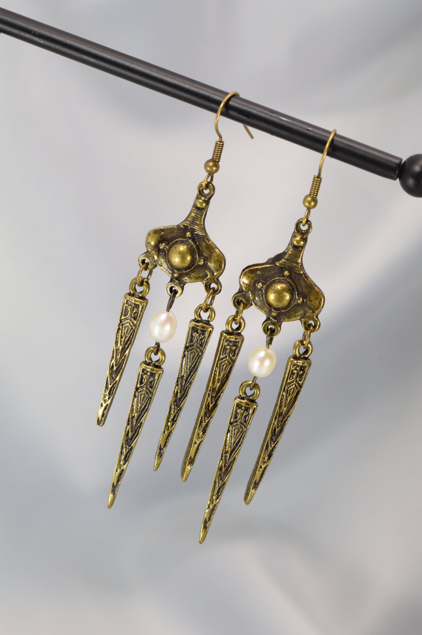 Boho Tribal Pearl Dangle Earrings in Silver & Bronze 10cm - 4"