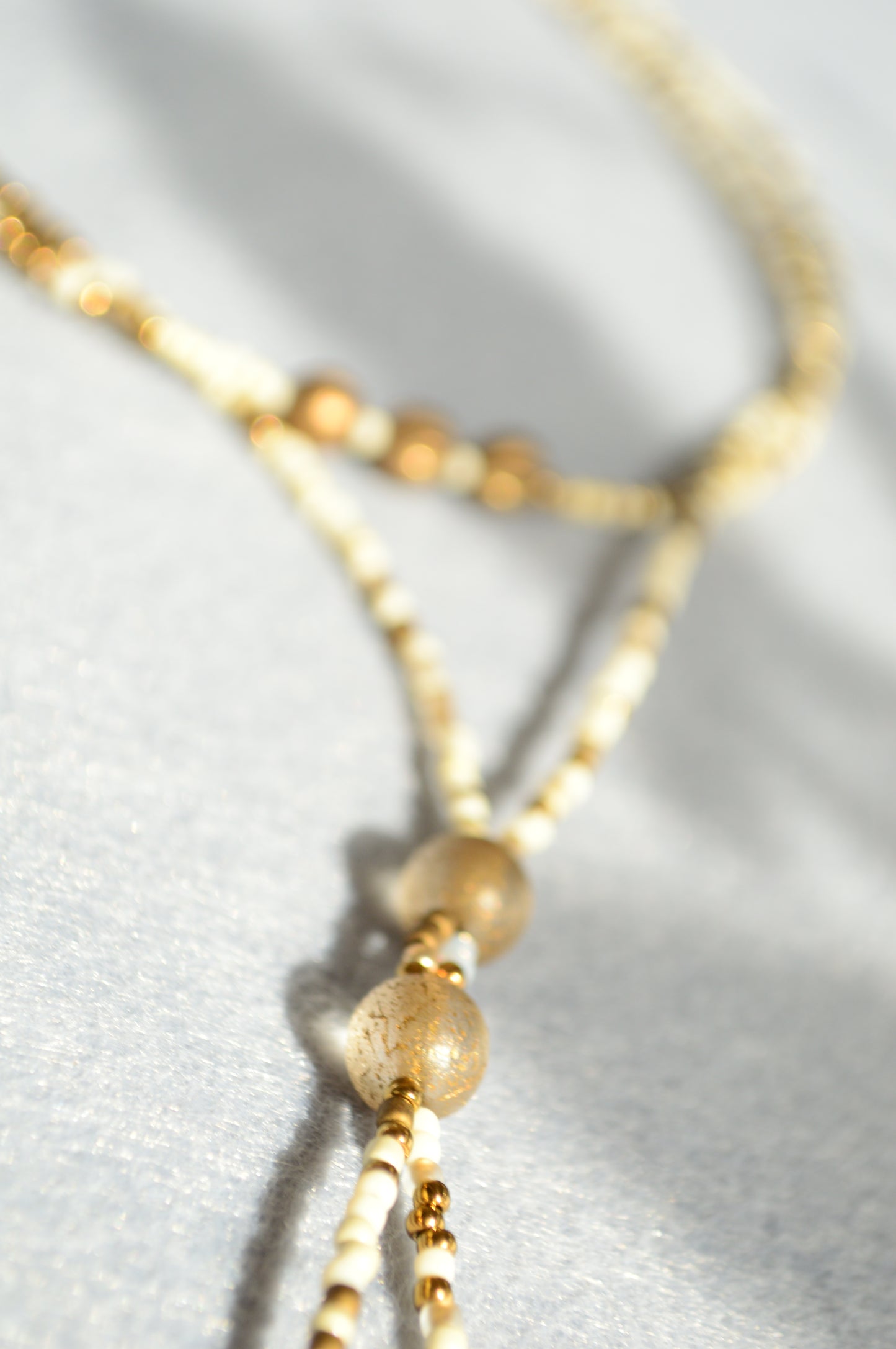 Gold Lariat Necklace with White Marble Glass Drops – Adjustable Y Necklace