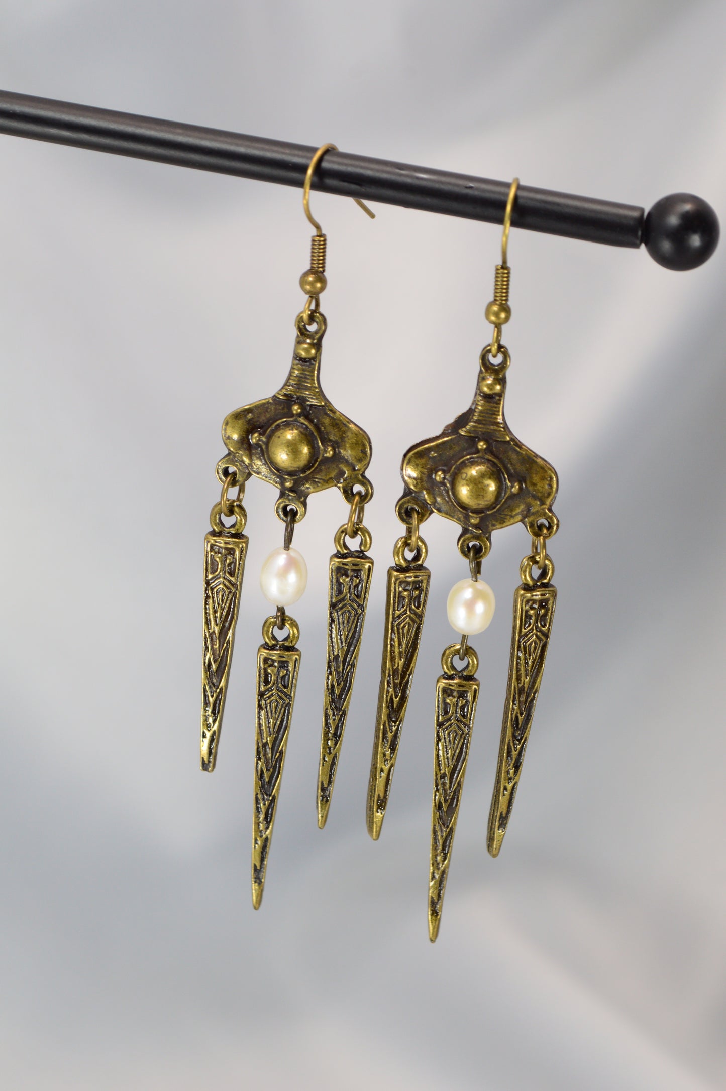 Boho Tribal Pearl Dangle Earrings in Silver & Bronze 10cm - 4"