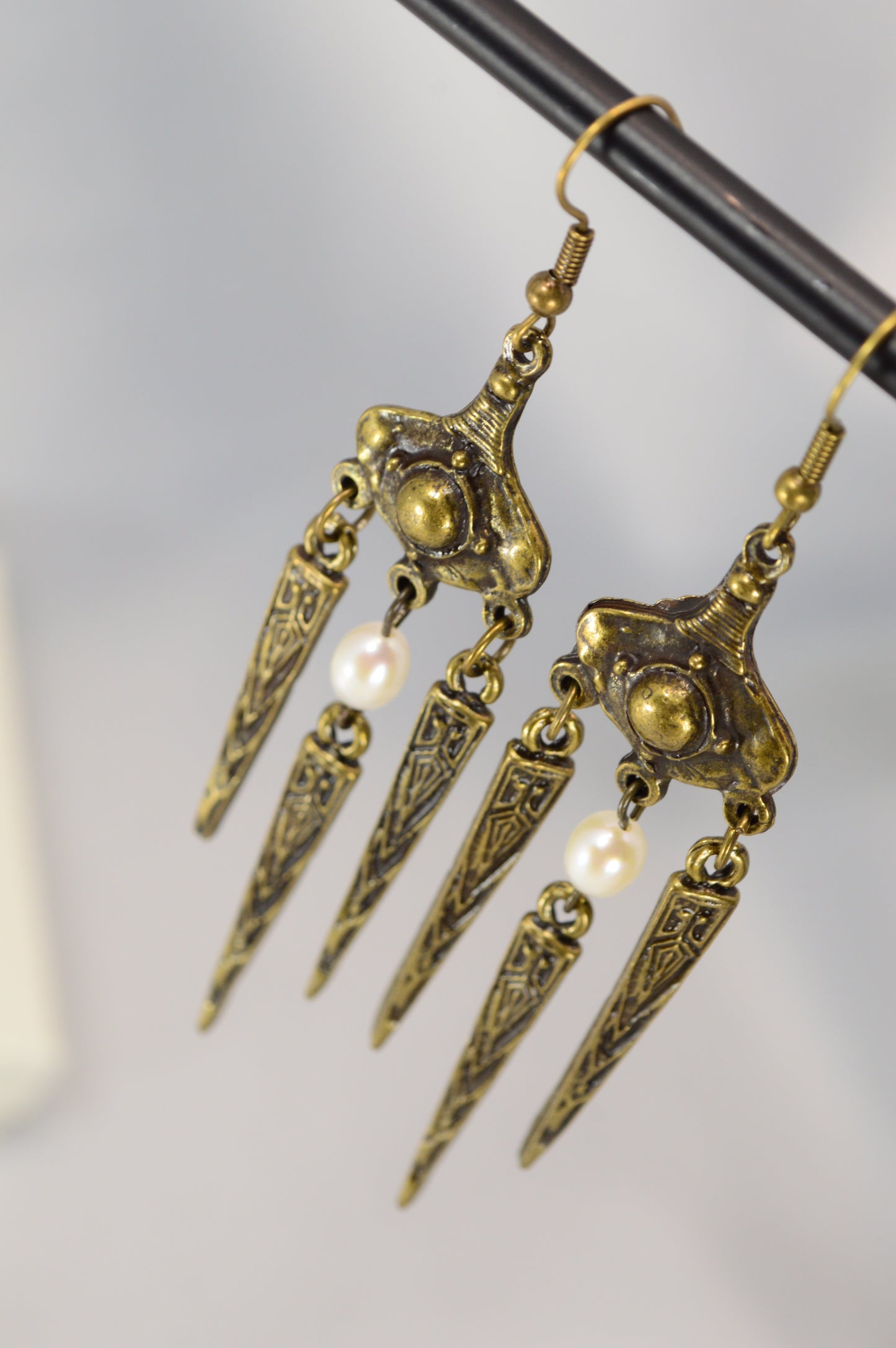 Boho Tribal Pearl Dangle Earrings in Silver & Bronze 10cm - 4"