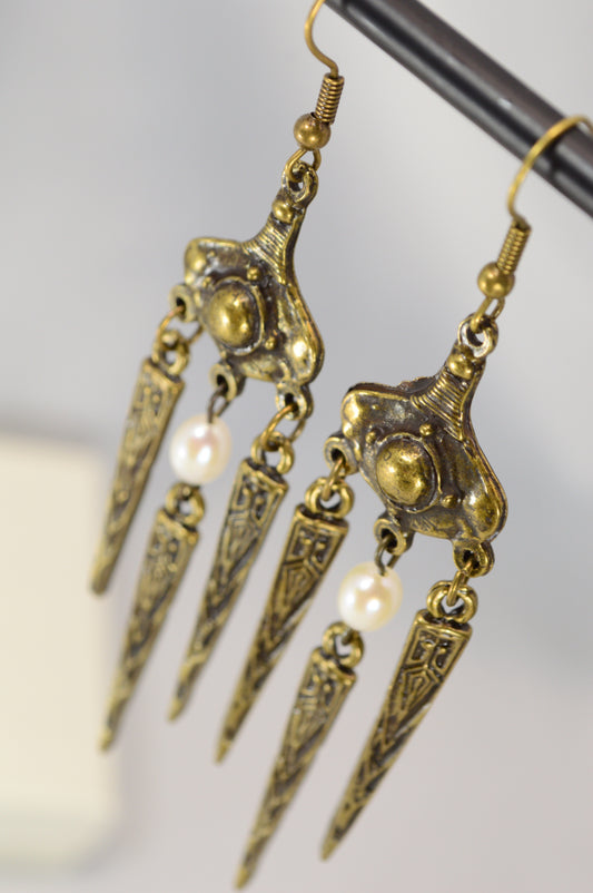 Boho Tribal Pearl Dangle Earrings in Silver & Bronze 10cm - 4"